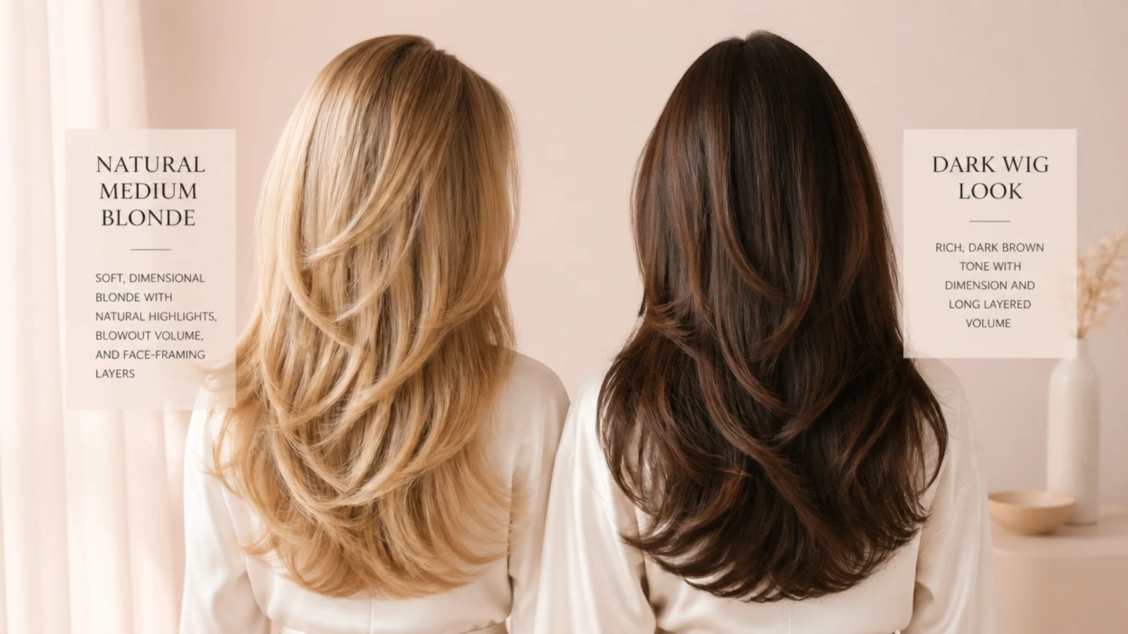 Natural medium blond hair color compared with a dark wig look on long layered hair from behind