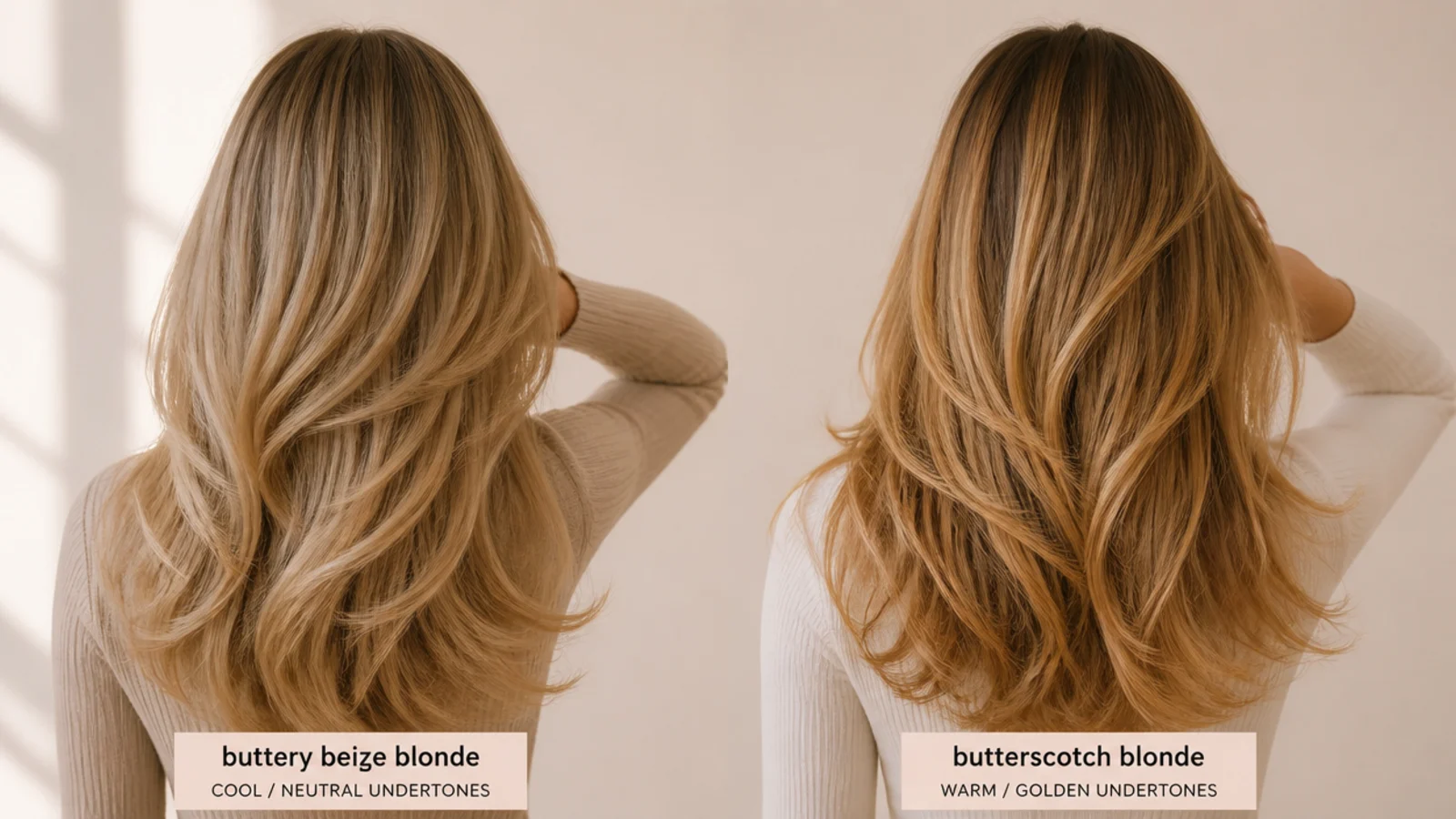 Buttery blonde beige blonde and butterscotch hair color compared by skin undertone on long layers