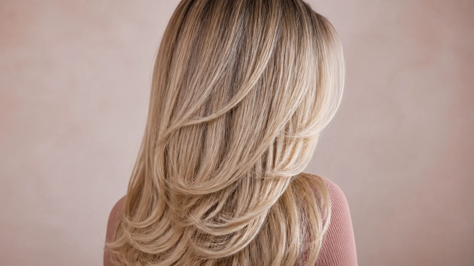Long layered blonde hair past the shoulder blades with a lash-skimming curtain fringe, shot from behind