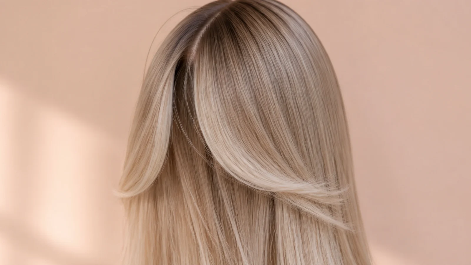 Sleek straight blonde hair with a sharp center part and a curtain fringe split evenly, viewed from behind