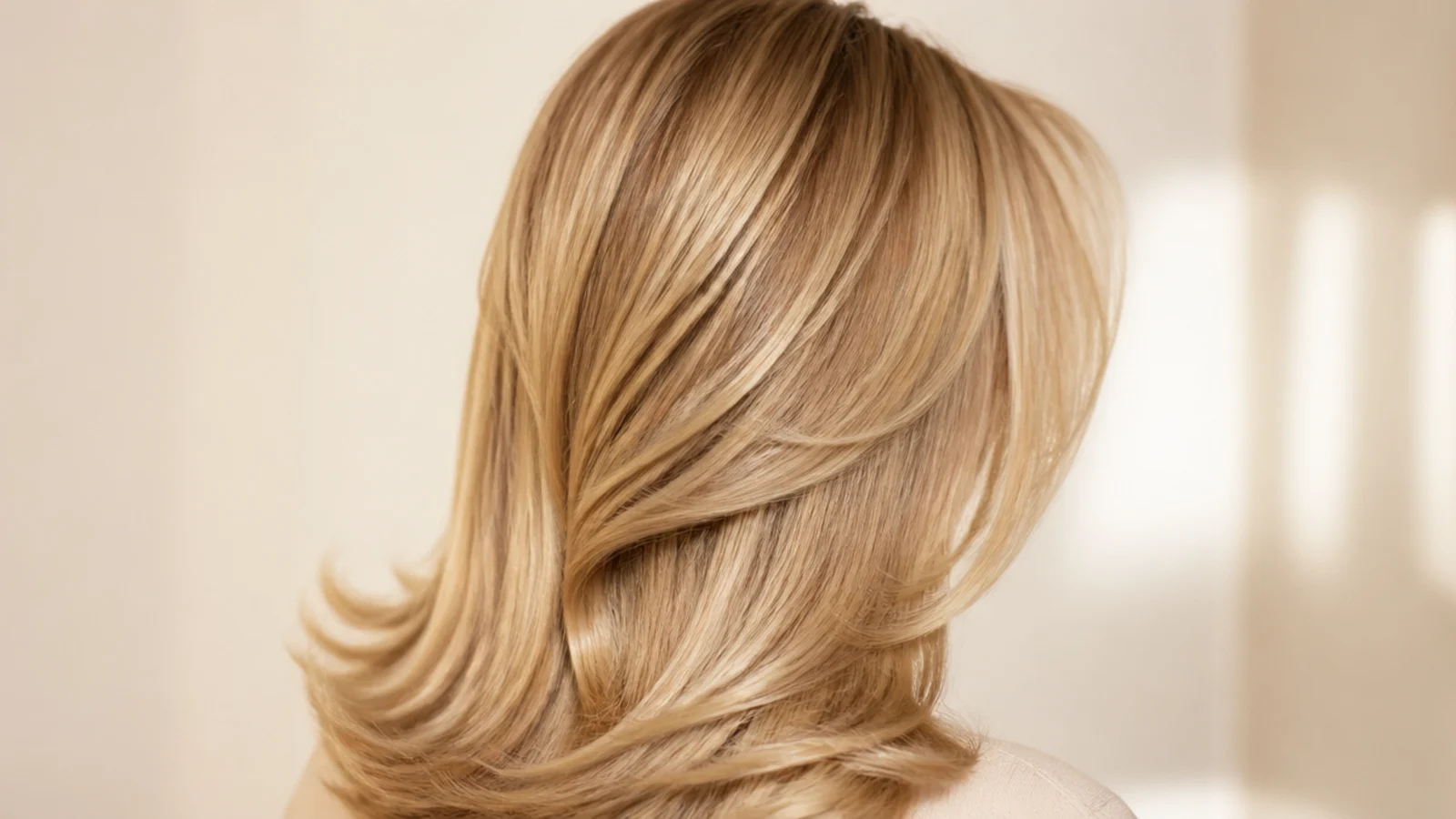Bouncy nineties style blonde blowout with volume at the crown and curved ends, photographed from the back