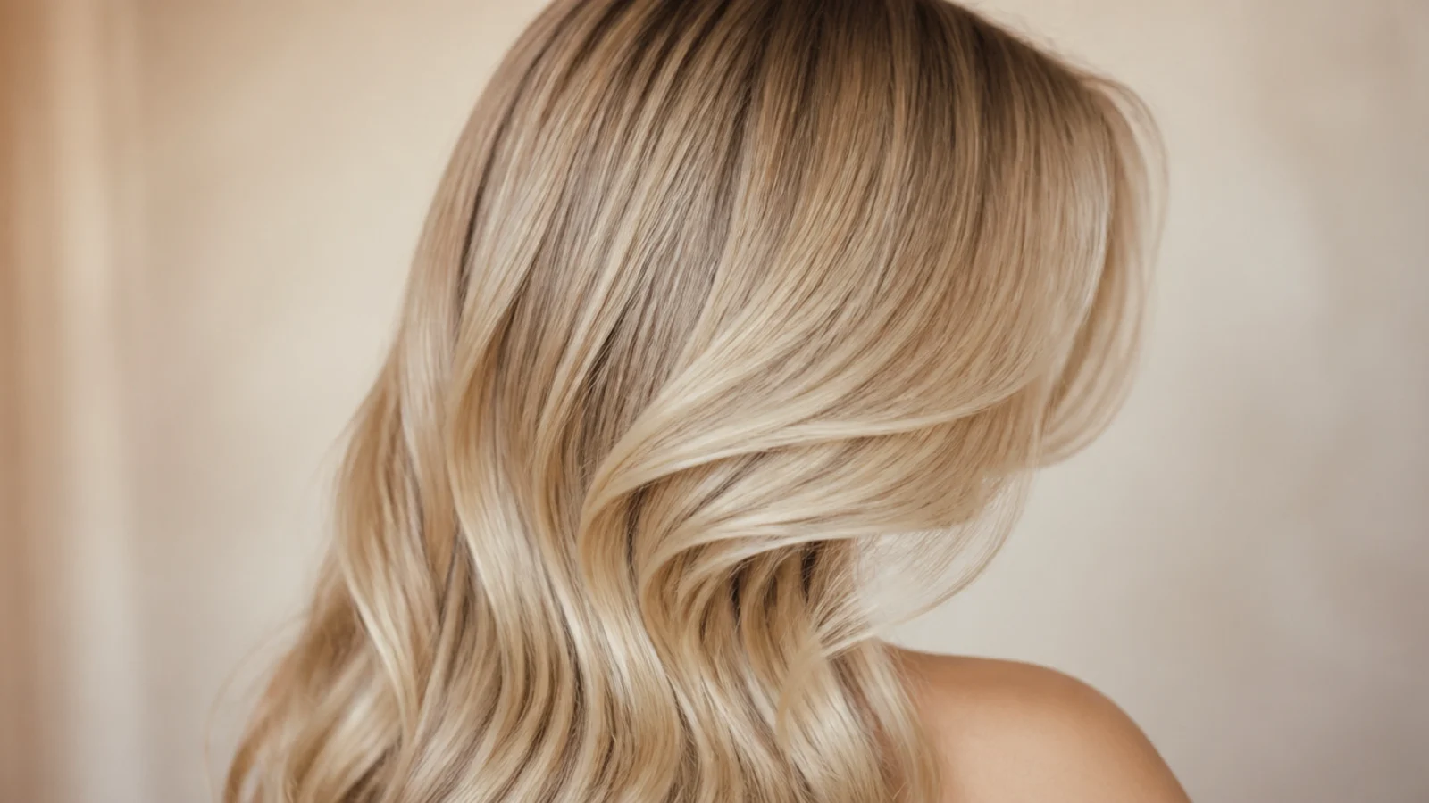 Soft blonde waves with the shortest face-framing layer starting at the jaw, rear three-quarter view
