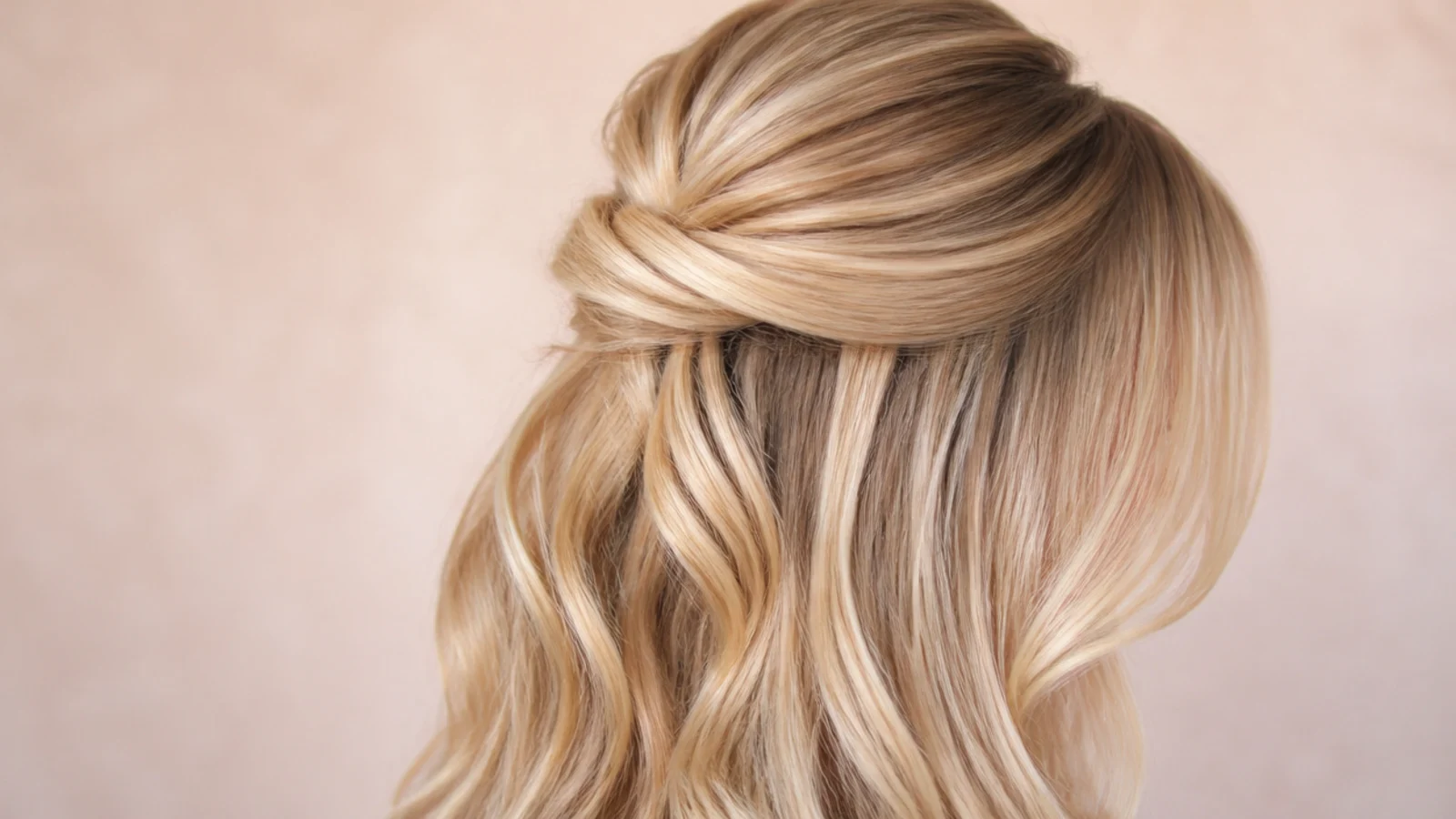 Blonde half-up half-down style with a small crown section pinned back and the curtain fringe left loose