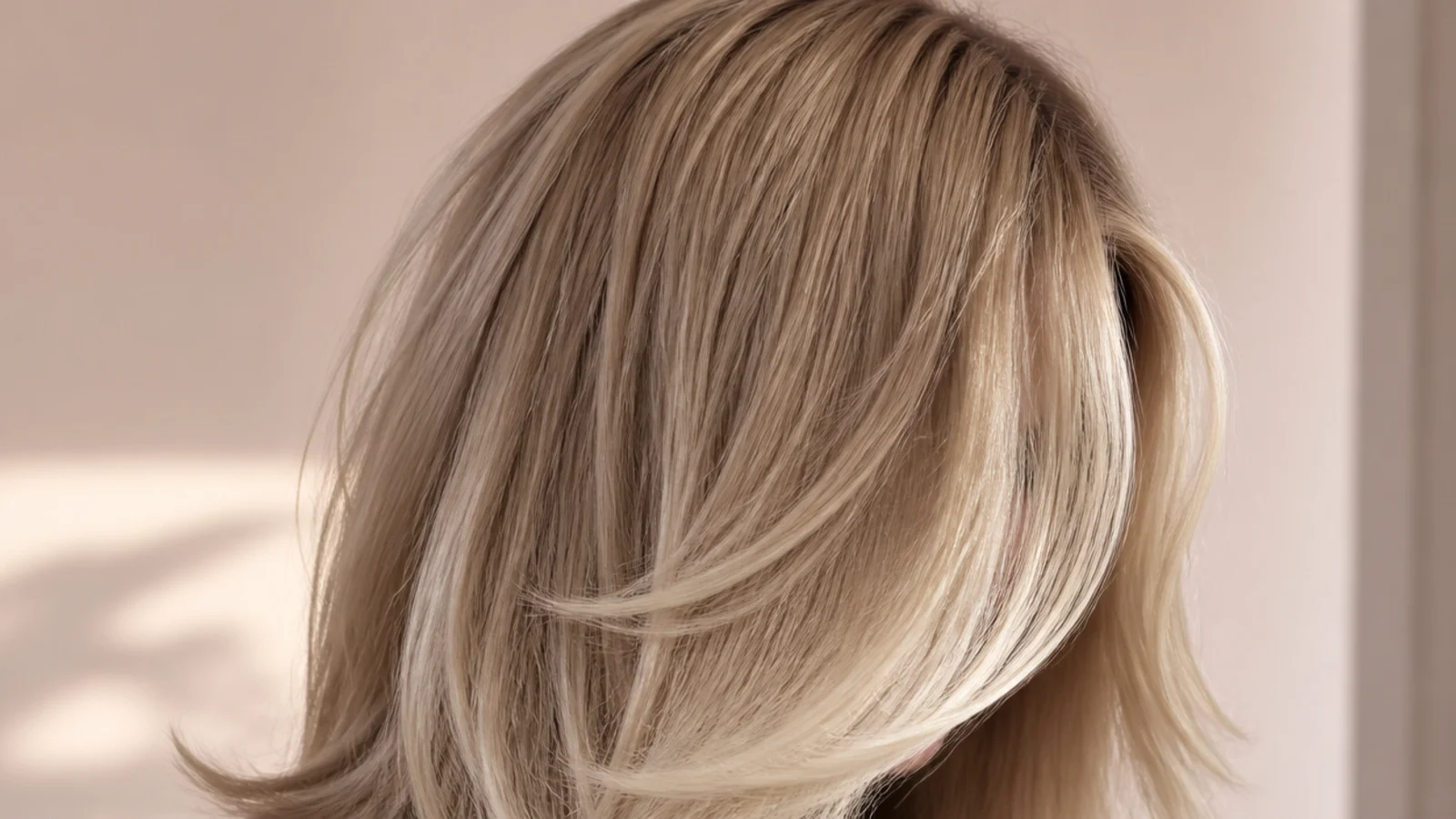 Cool beige blonde hair with brighter face-framing money piece highlights around the front sections