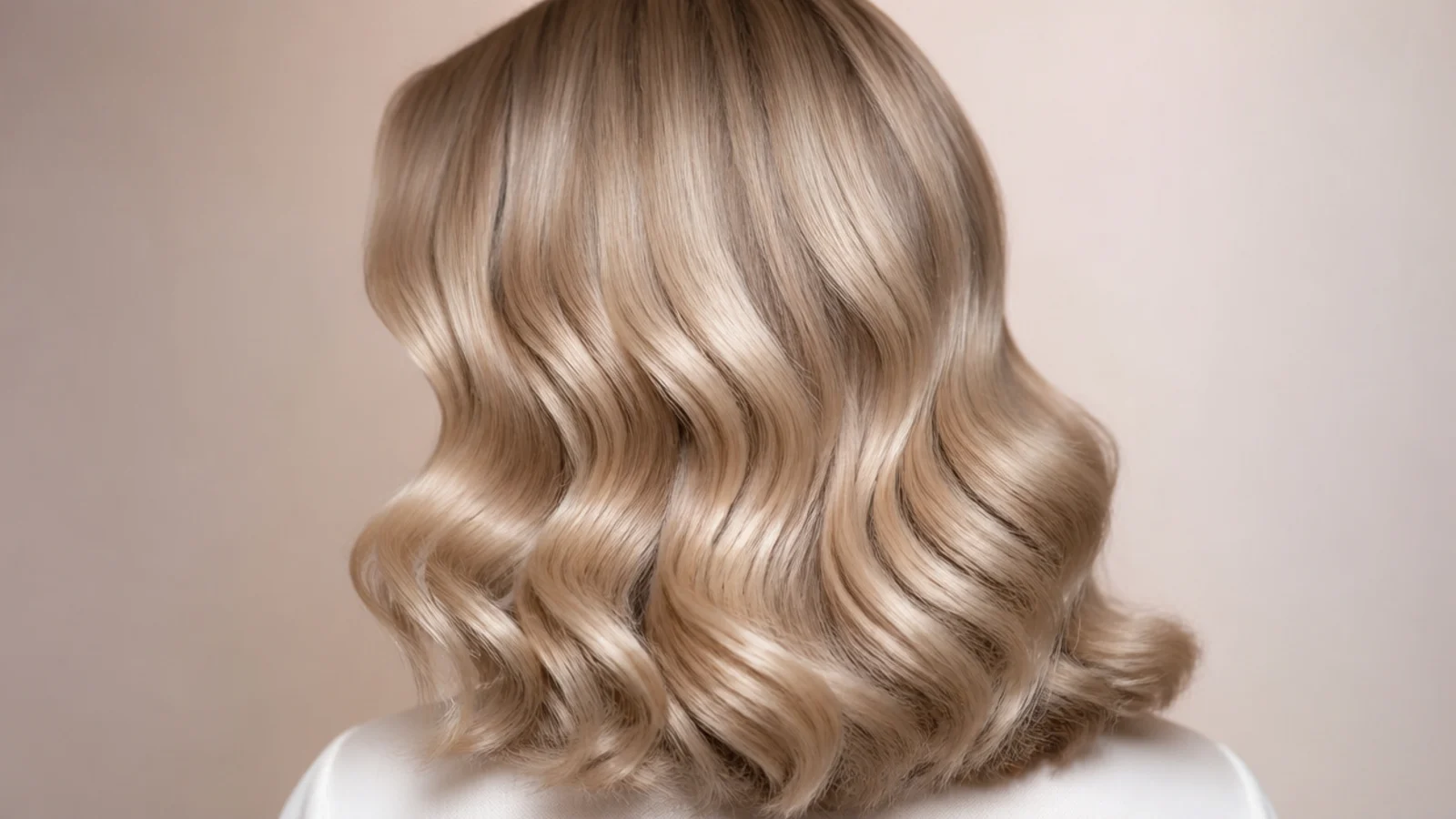 Glossy old Hollywood style blonde waves set in a uniform S pattern, shoulder length, from behind
