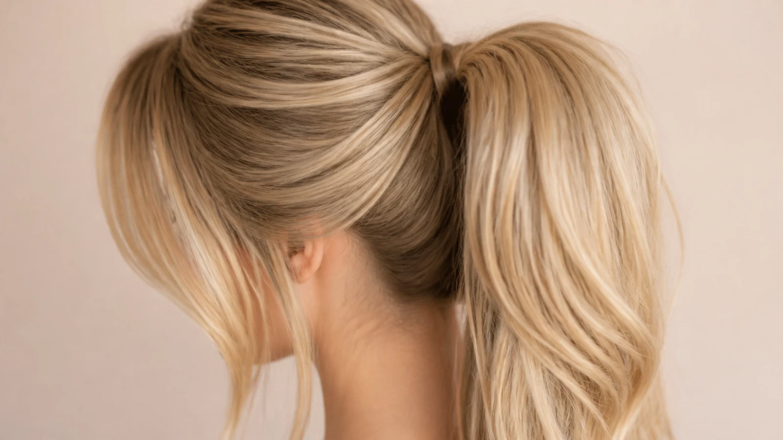 High blonde ponytail with a curtain fringe left down and two face-framing strands pulled loose
