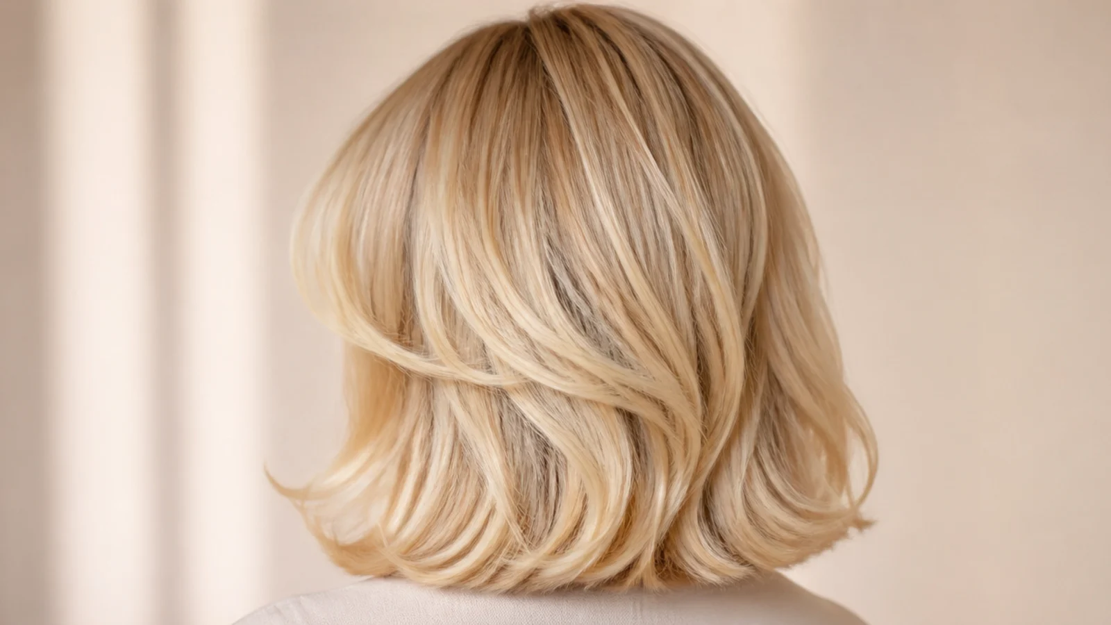 Blonde collarbone length lob with long internal layers and a soft curtain fringe, back view
