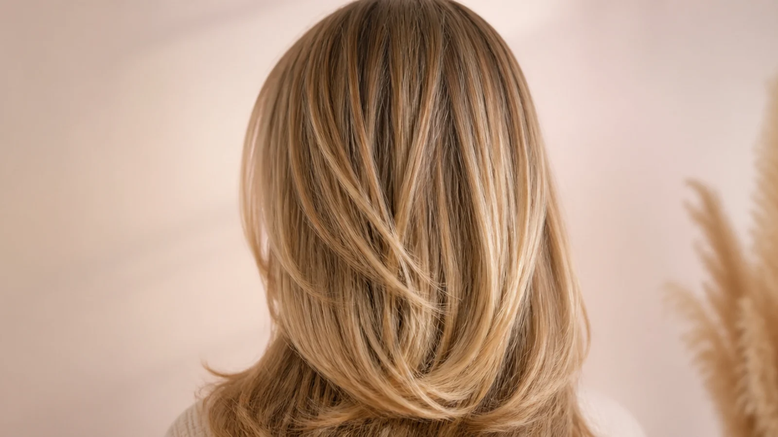 Grown out curtain bangs blending into long face-framing layers at chin length, rear view