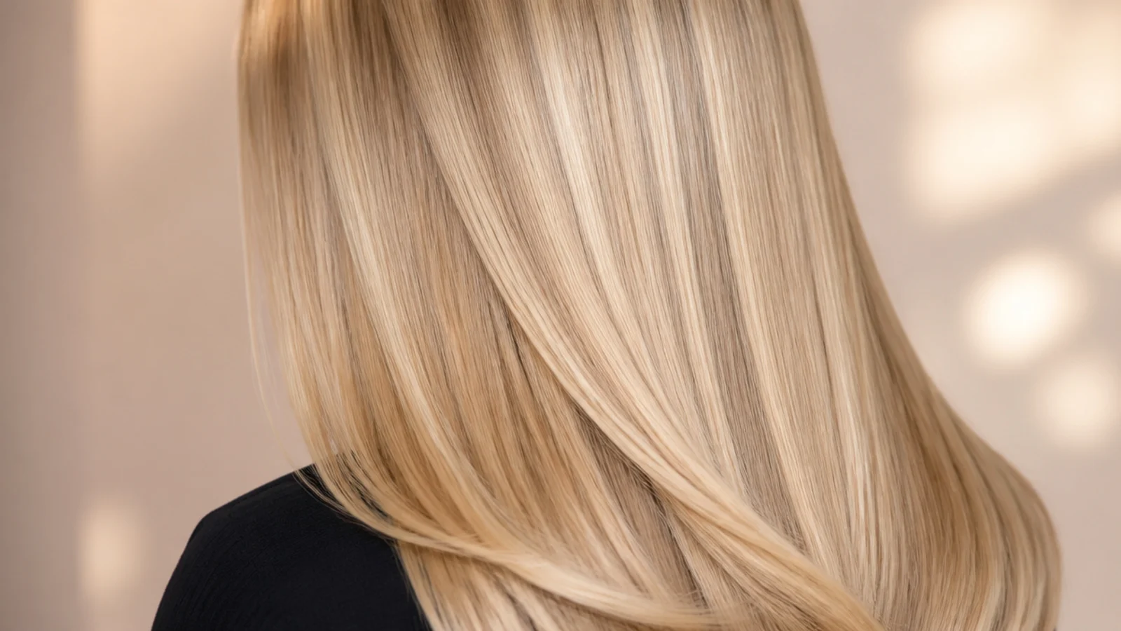 Mirror-shiny glass hair blonde, poker straight with a high gloss finish, photographed from behind