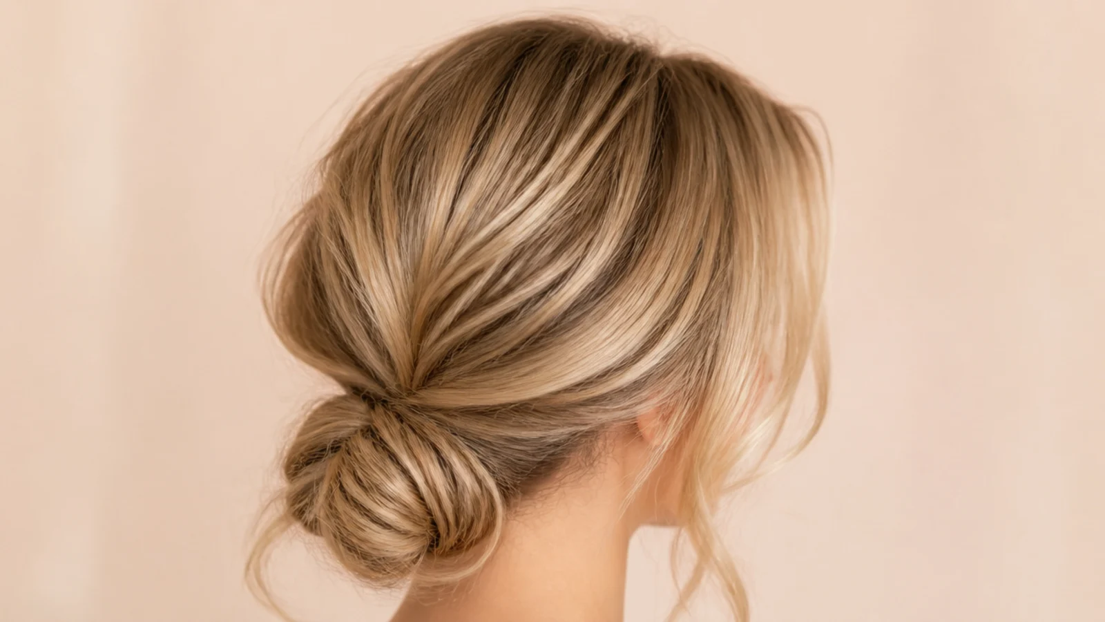 Low blonde bun at the nape with two curled face-framing strands and the curtain fringe left out