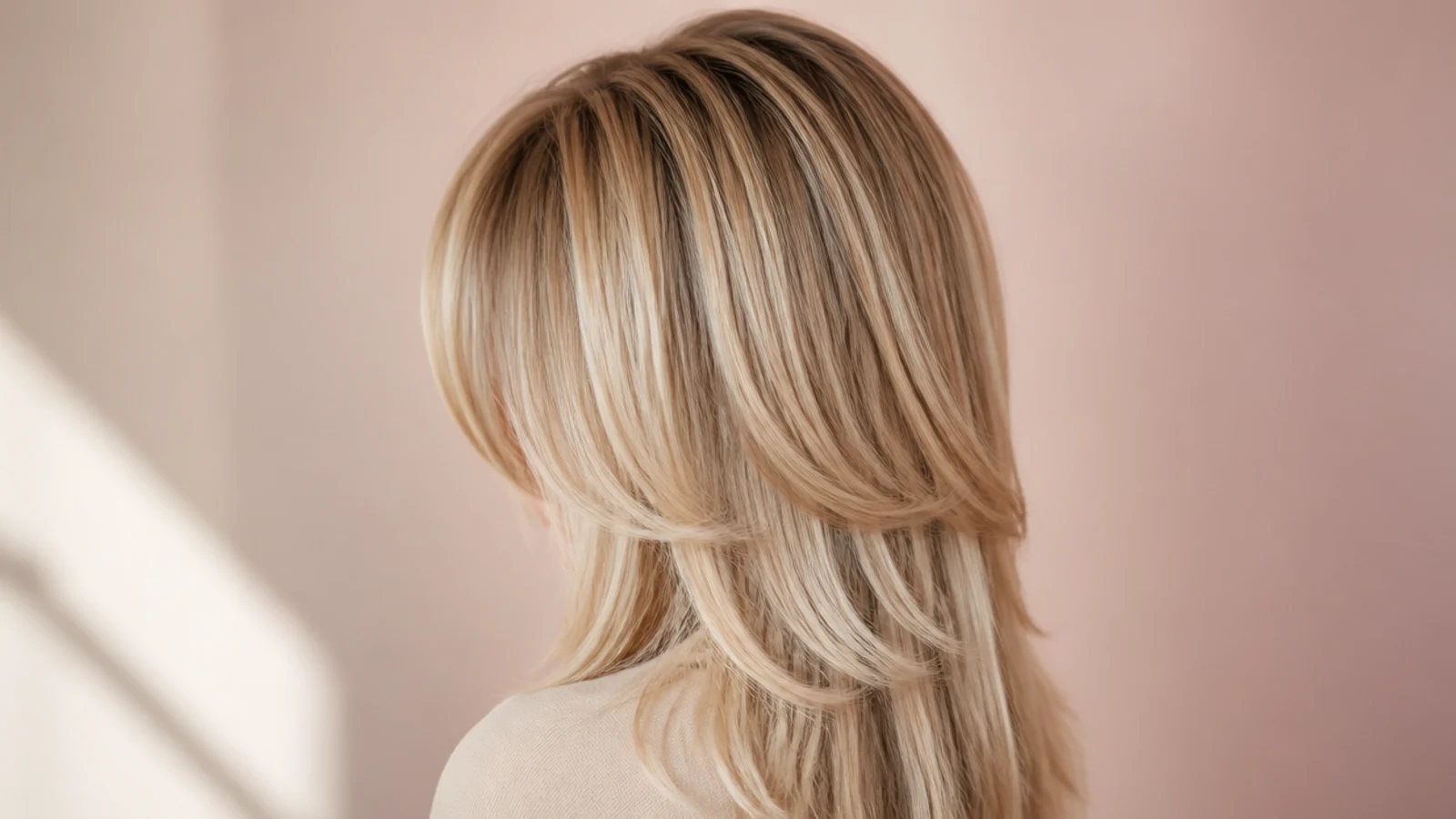 Blonde butterfly cut with short chin-length top layers over long lengths and a heavy curtain fringe