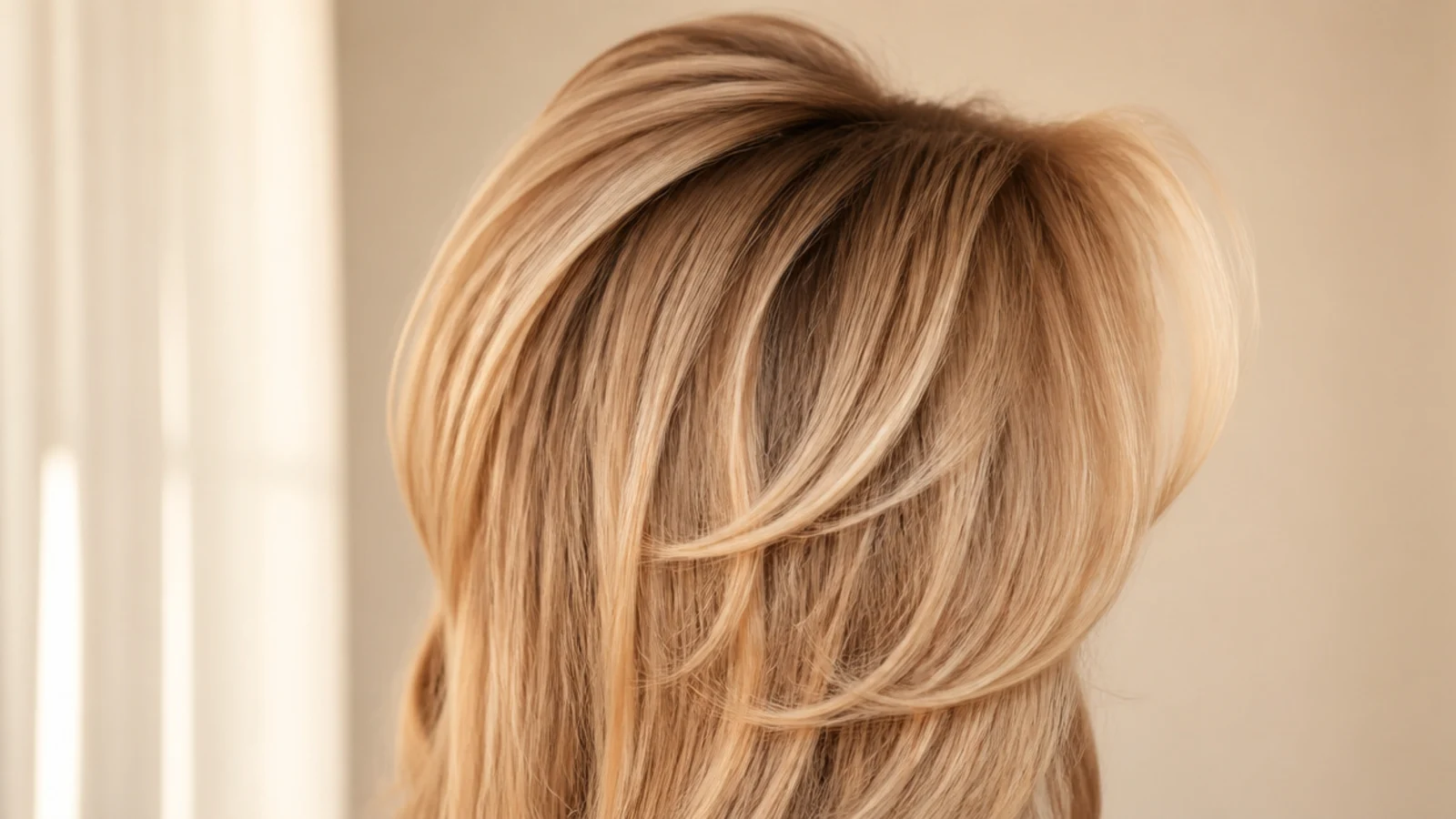 Crown volume created with large velcro rollers on second day blonde hair with a soft fringe bend