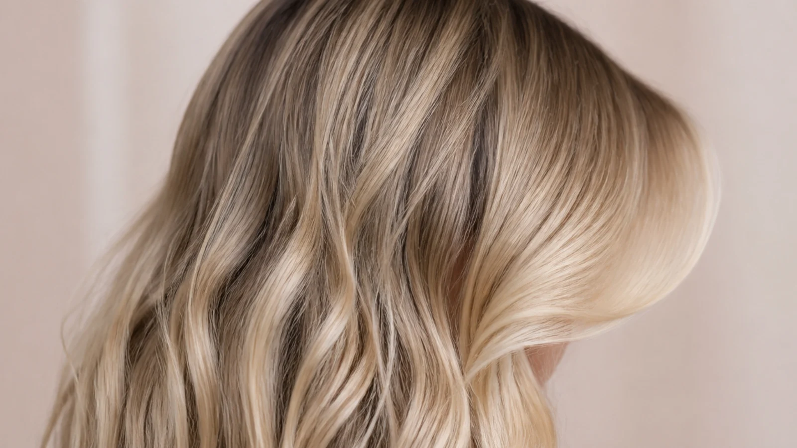 Undone air dried blonde waves with a separately blow dried curtain fringe, natural texture, back view