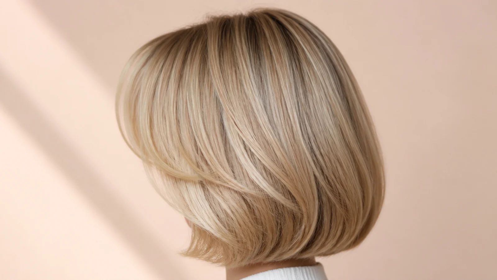 Chin grazing blonde blowout bob with curved under ends and a shorter proportioned curtain fringe