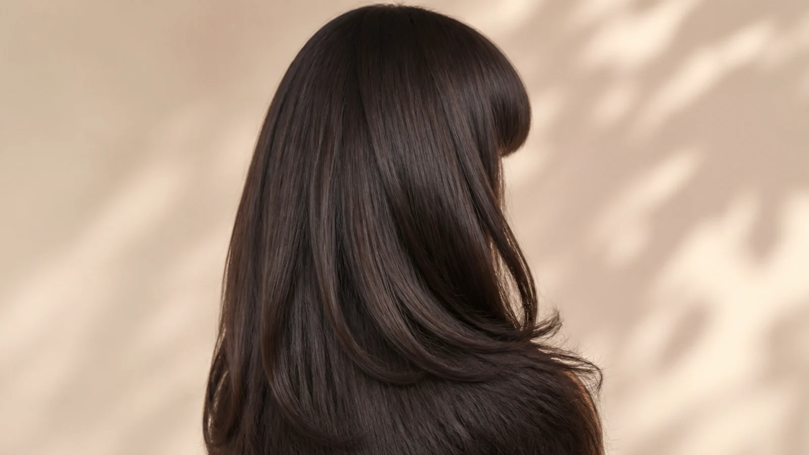 Sleek dark brunette long hair with a blunt fringe styled as a temporary wig look, back view