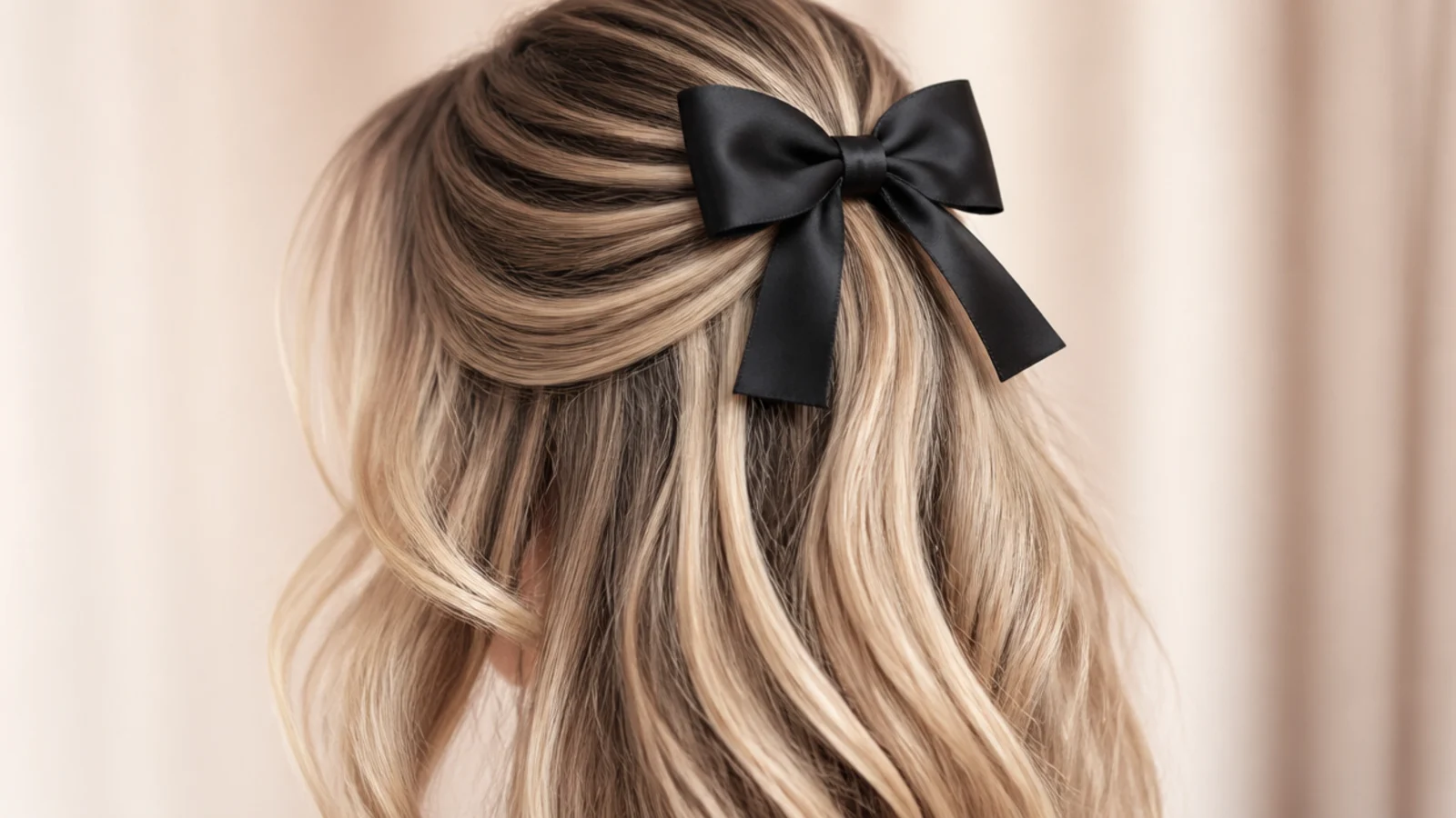 Blonde half updo finished with a black satin bow at the crown and a soft curtain fringe left out