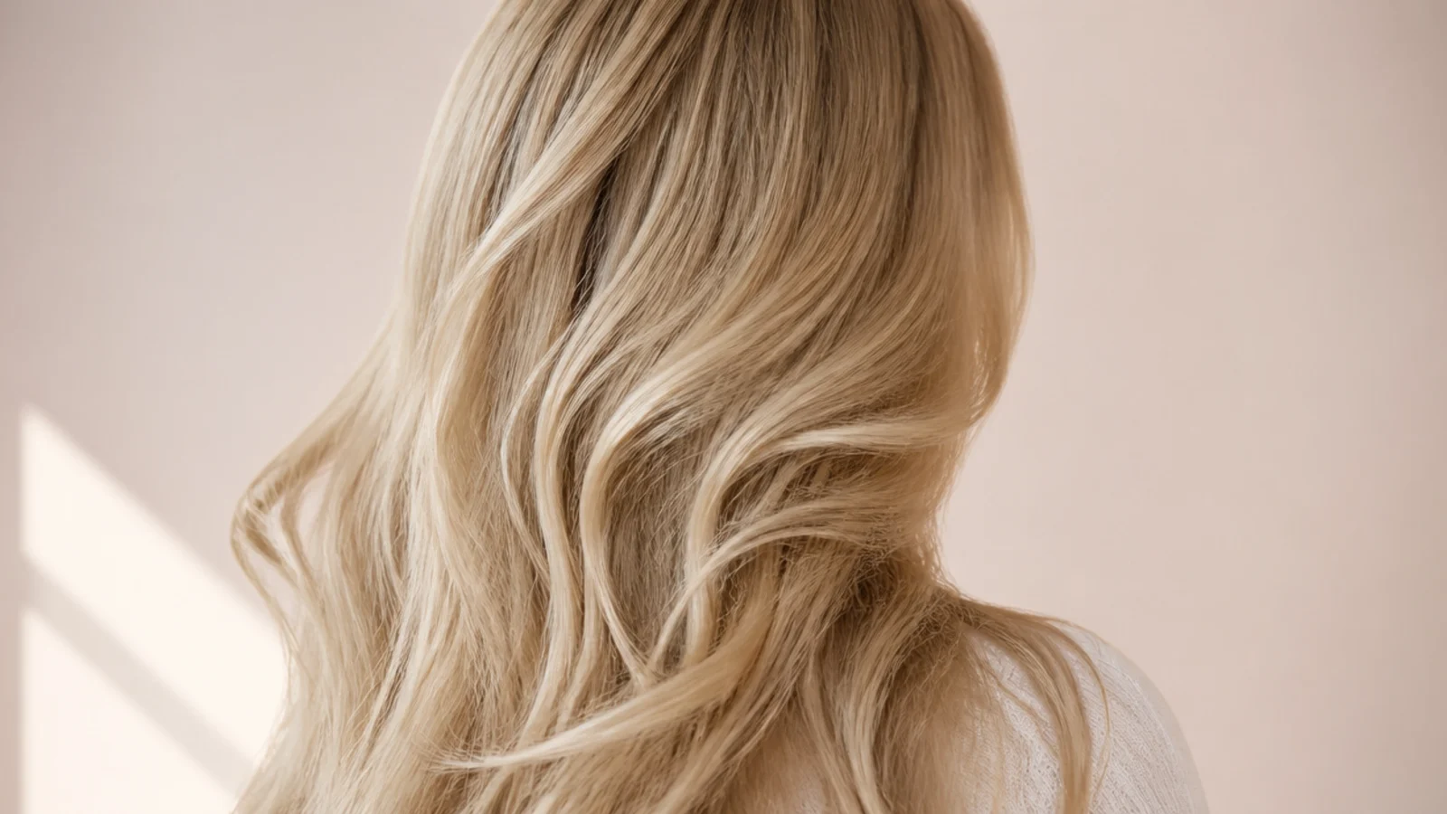 Soft heatless overnight waves on long blonde hair created with a satin rod, viewed from behind