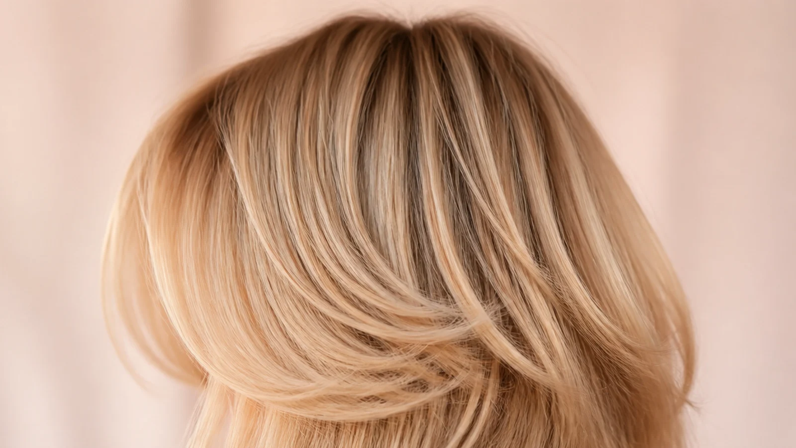Wispy bottleneck bangs narrow at the center and flaring at the cheekbones on blonde layered hair