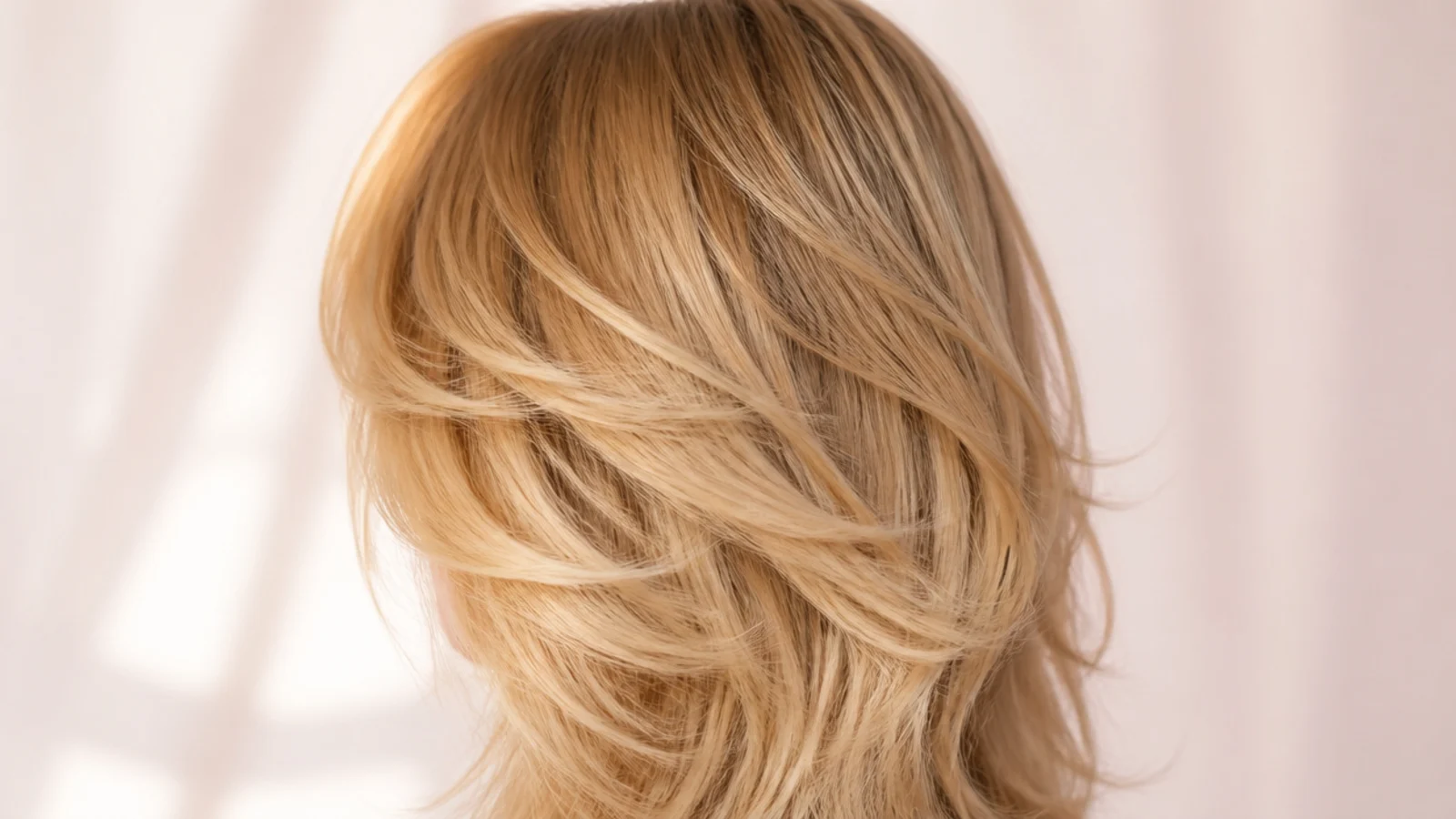 Textured shag layers on thick blonde hair with visible internal layering and a soft curtain fringe