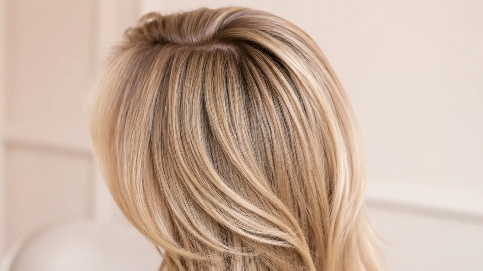 Second day blonde blowout refreshed at the roots with dry shampoo, showing restored crown volume