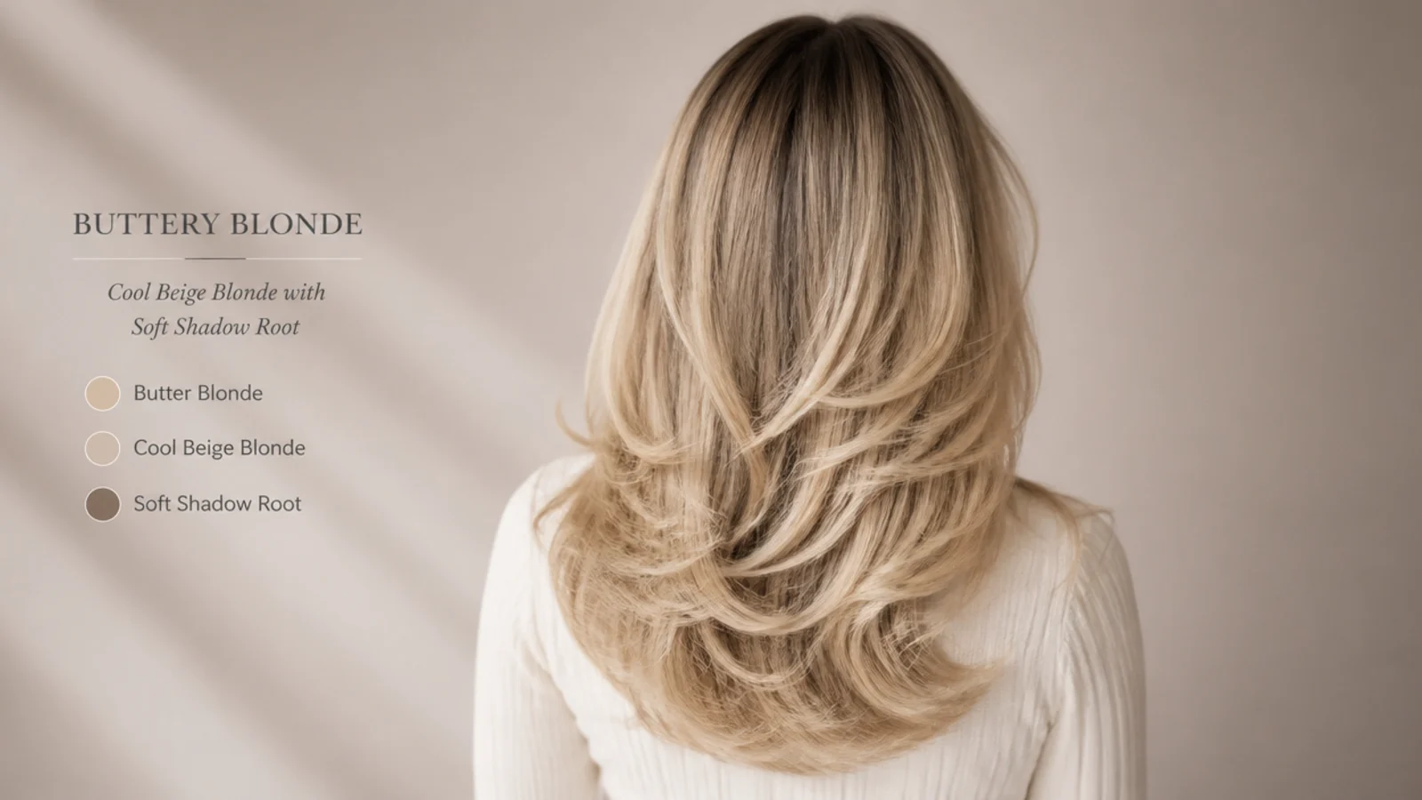 Buttery blonde, cool beige blonde and soft shadow root color families shown on long layered hair from behind