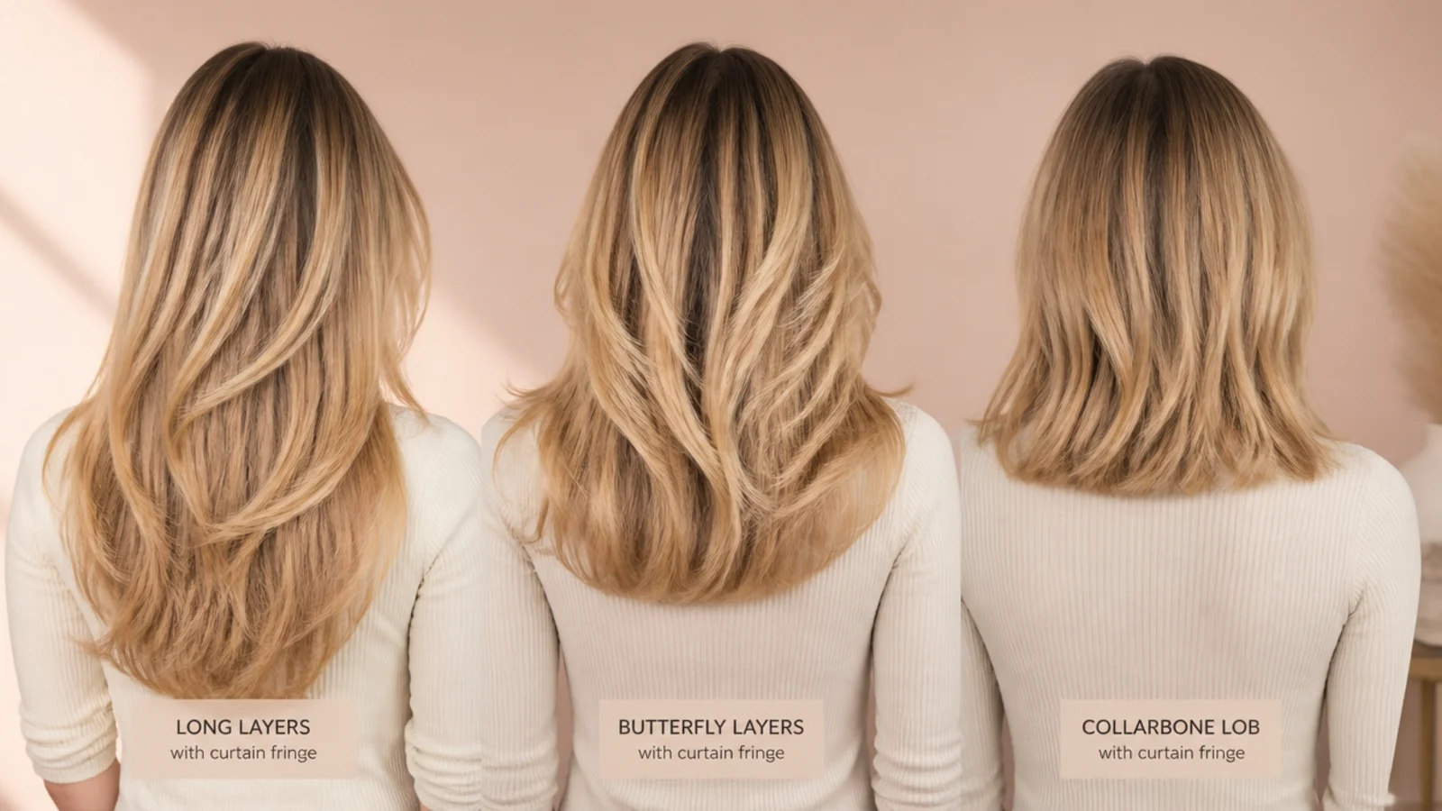 Long layers, butterfly layers and a collarbone lob compared on blonde hair with curtain fringes, all viewed from behind