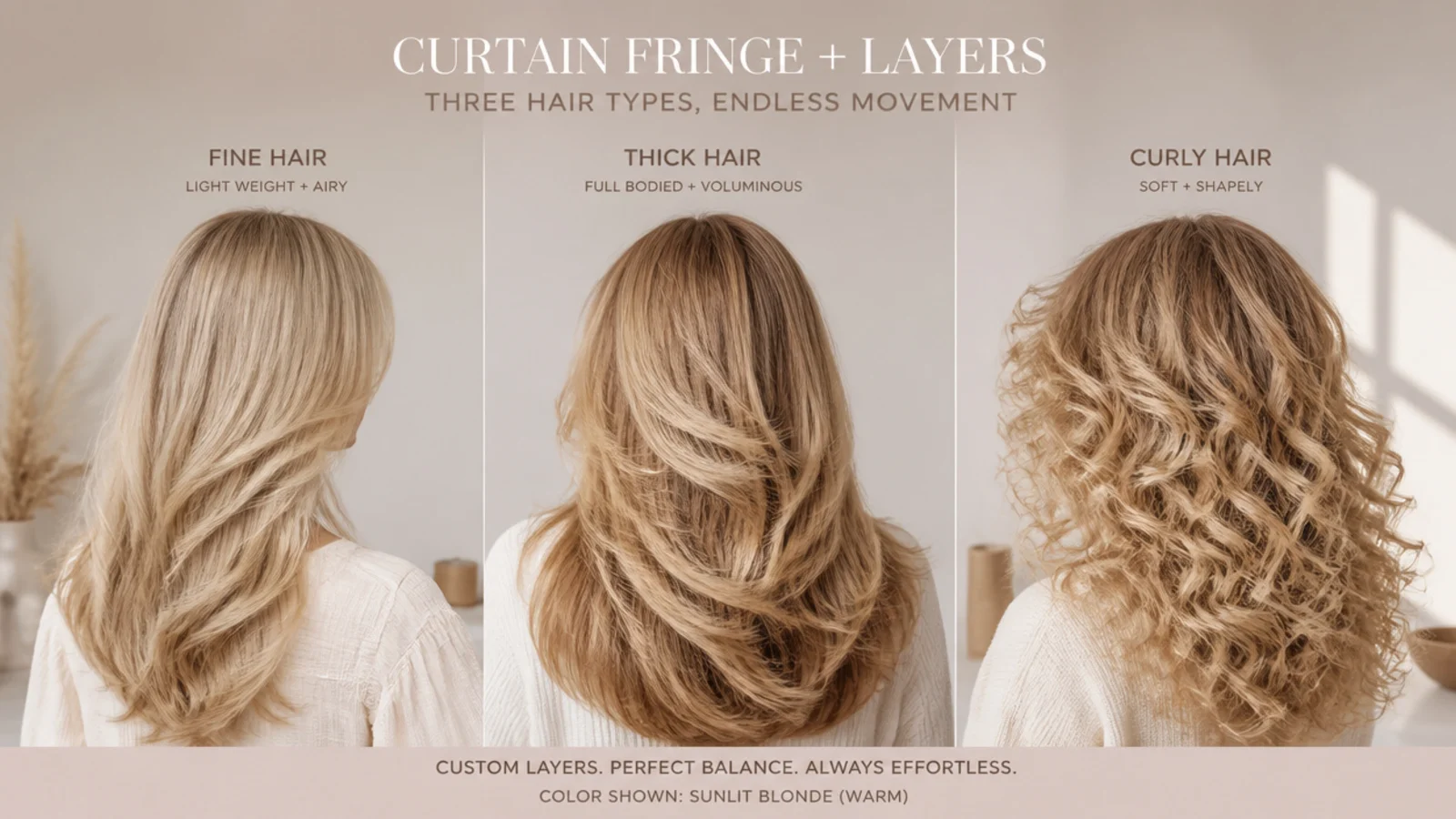 Curtain fringe and layered blonde hair variations matched to fine, thick and curly hair types, shown from behind