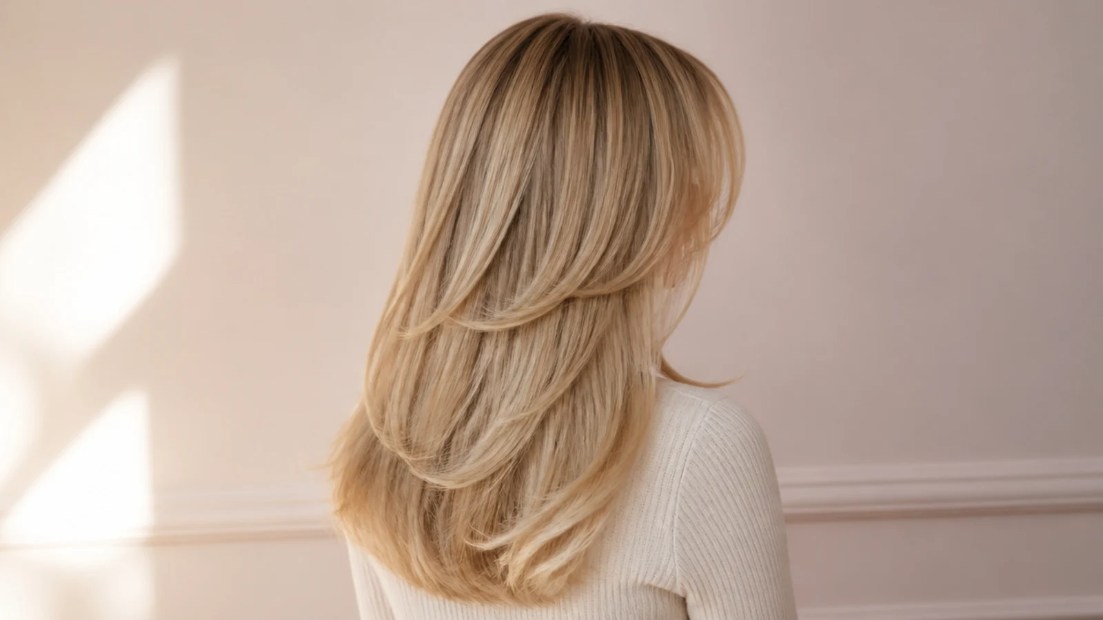 Long layered blonde hair with a lash-skimming curtain fringe and a bouncy blowout, photographed from behind