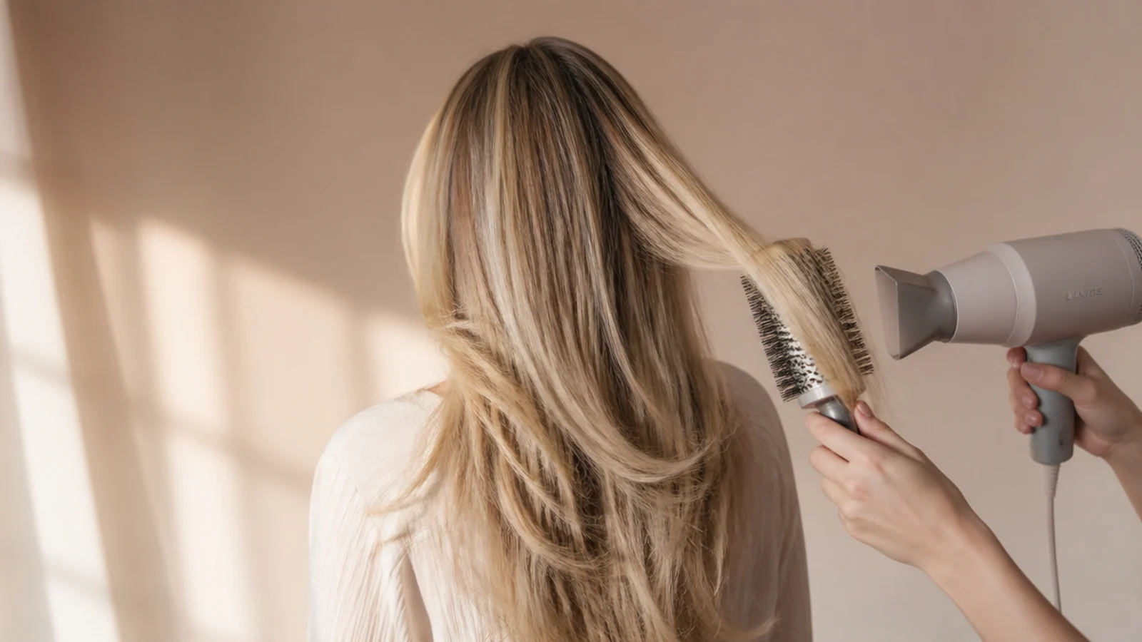 Large round brush blow-drying a section of long blonde hair with sections no wider than the brush barrel, rear view