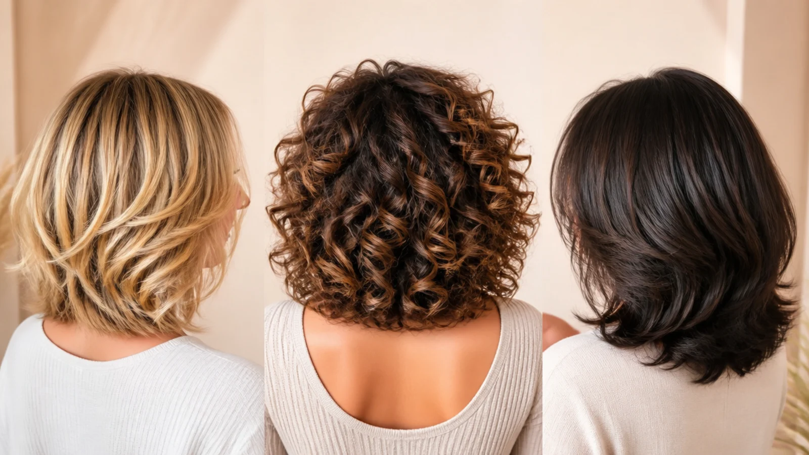 Curtain fringe layered look adapted to a blonde bob, to curly texture and to dark hair, all photographed from behind