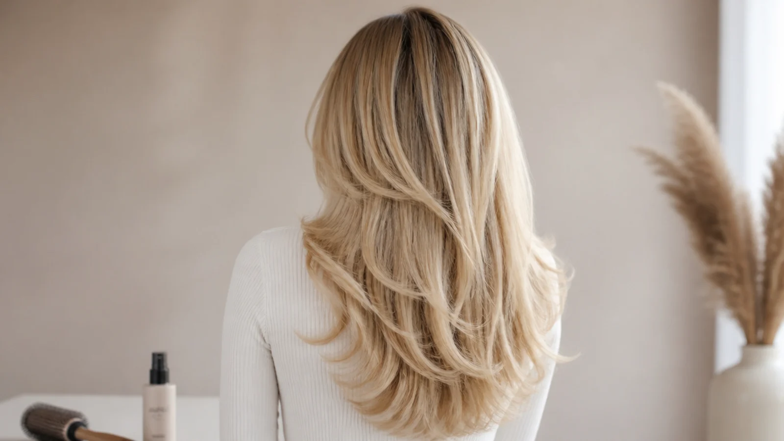 Long layered blonde hair with a lash-skimming curtain fringe and jaw-length face-framing layers, photographed from behind