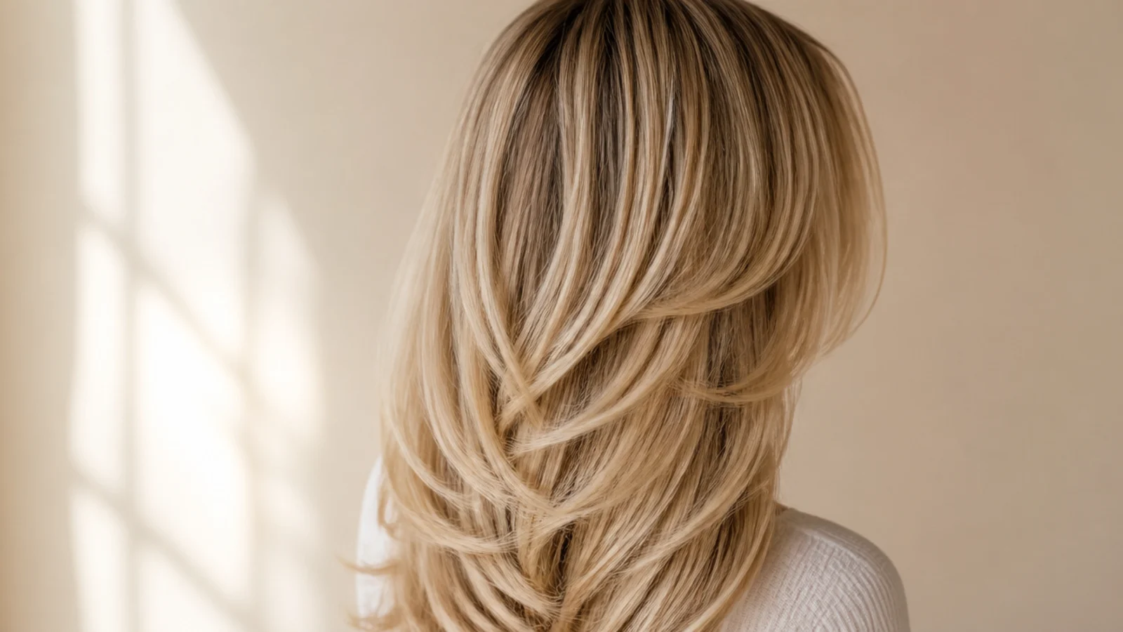 Long blonde layers with a curtain fringe parted in the middle, shot from behind showing layers from jaw to mid back