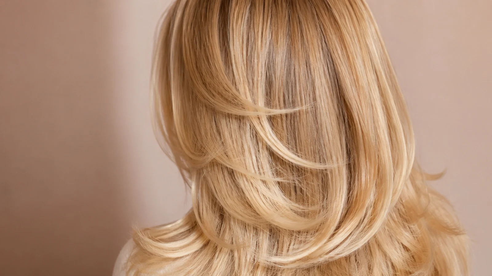 Long blonde butterfly layers viewed from behind with short crown layers sitting over long lengths