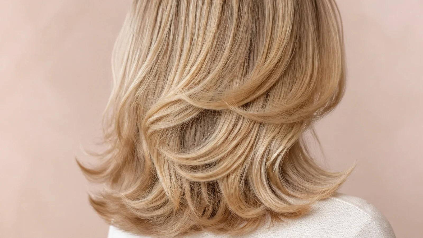 Blonde 70s feathered layers flicking away from the face, photographed from the back at shoulder length