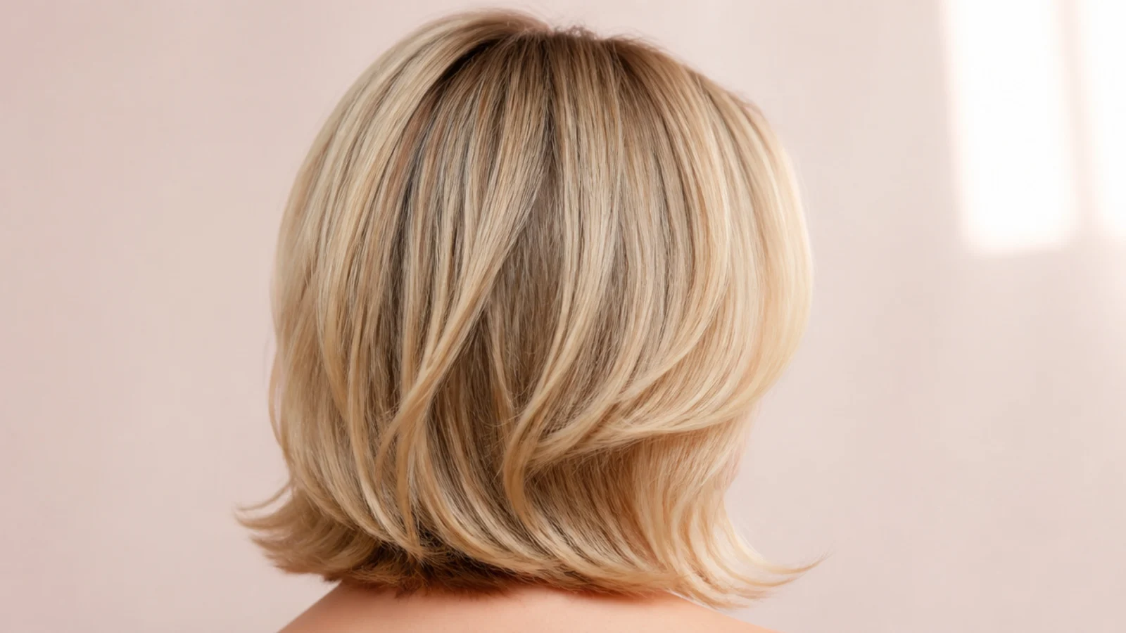 Collarbone length blonde layered haircut with face-framing pieces, viewed from behind