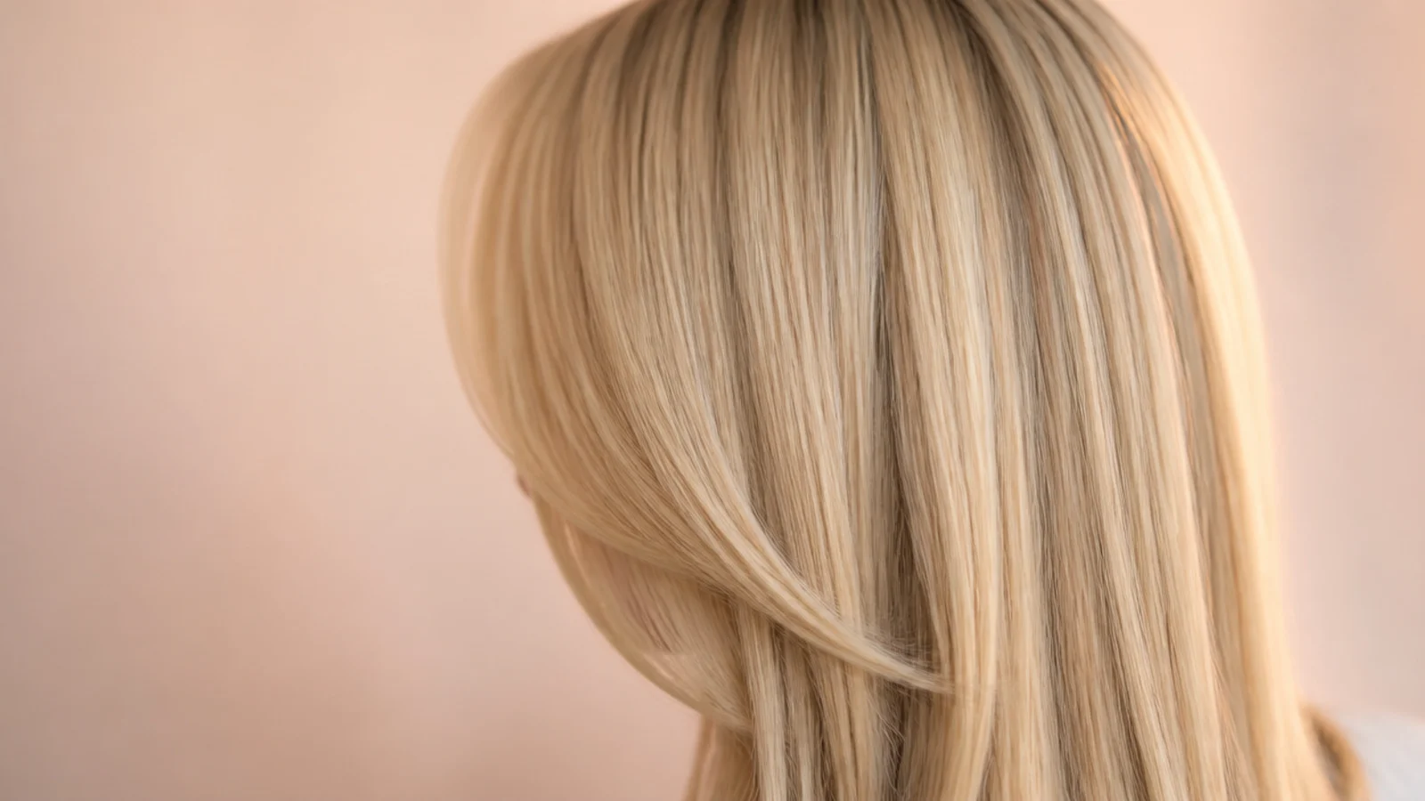 Jaw-length blonde face-framing layers curving in toward the cheek, hair otherwise long and straight