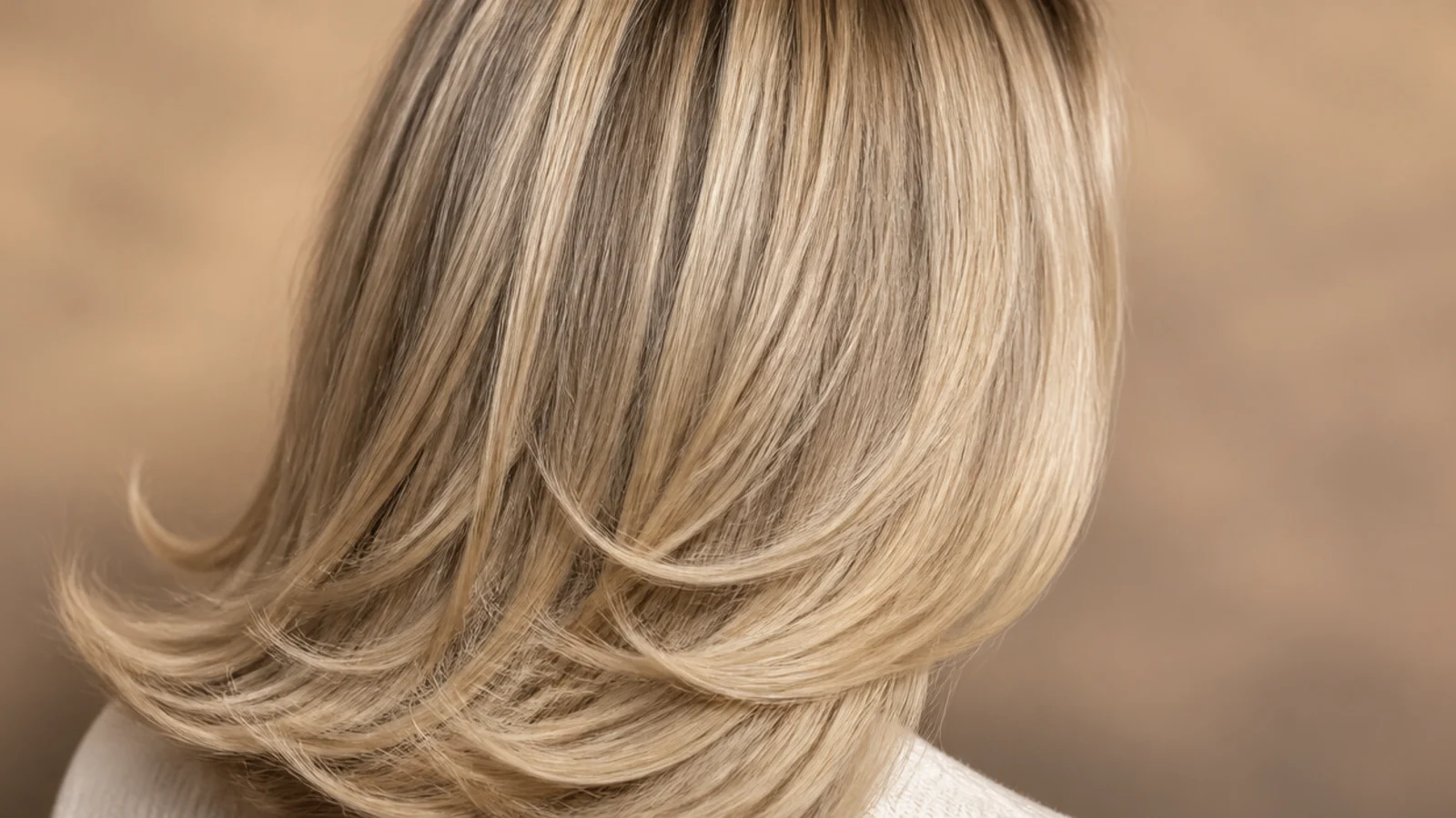 Fine blonde hair with invisible layers, blunt perimeter and soft internal movement seen from behind