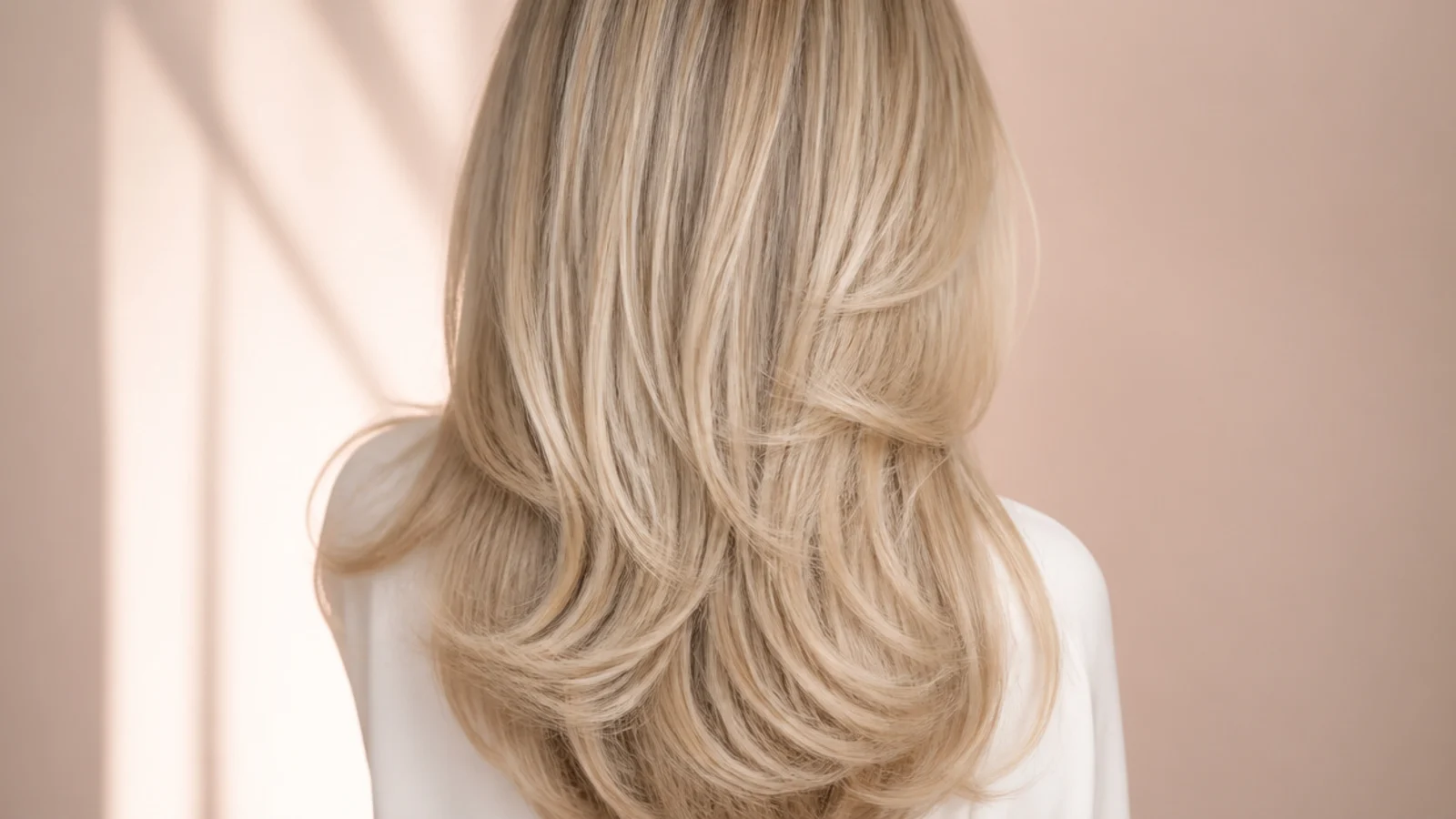 Long blonde hair cut in a soft U shape from behind, sides shorter than the center back length