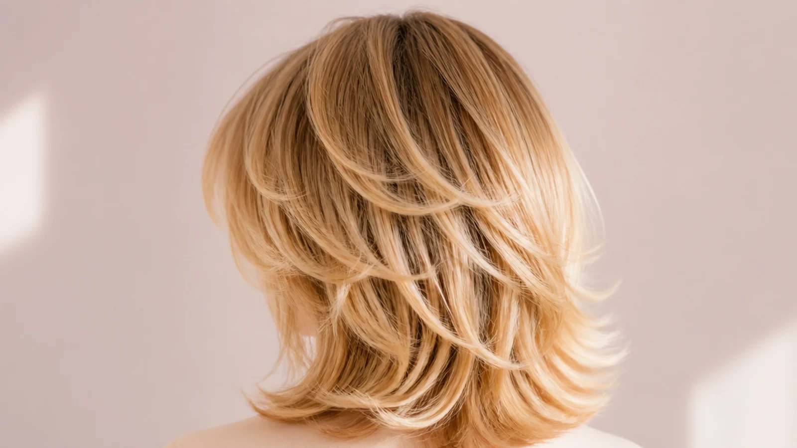 Medium length blonde shag with stacked layers and curtain bangs, photographed from the back
