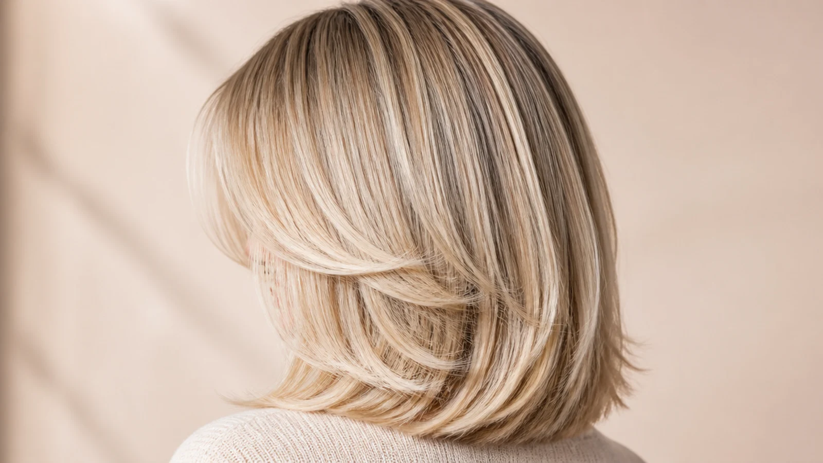 Shoulder-grazing blonde lob with soft layers and bottleneck bangs narrowing at the temples