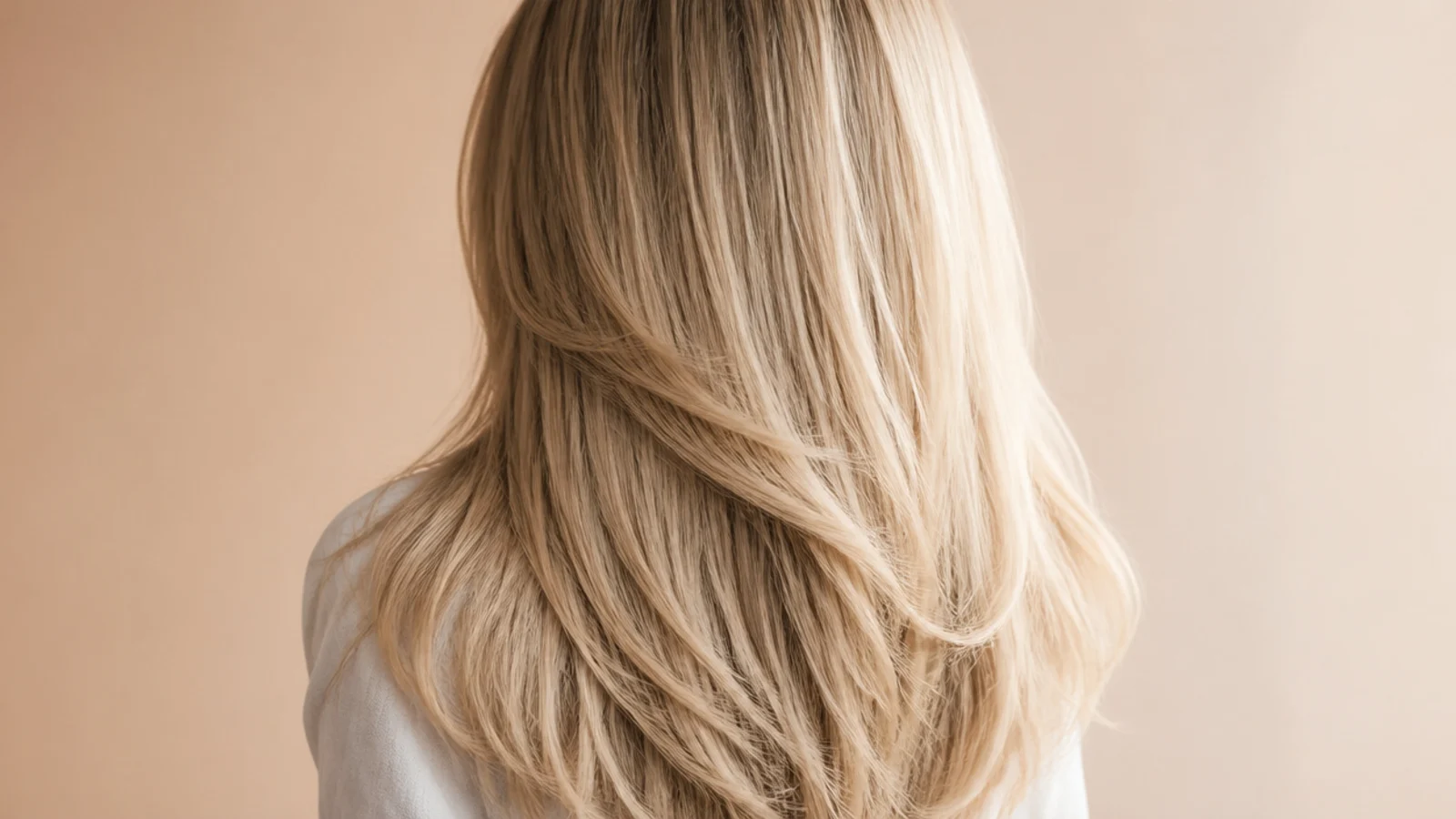 Very long blonde layers with softly tapered ends falling to the mid back, rear view
