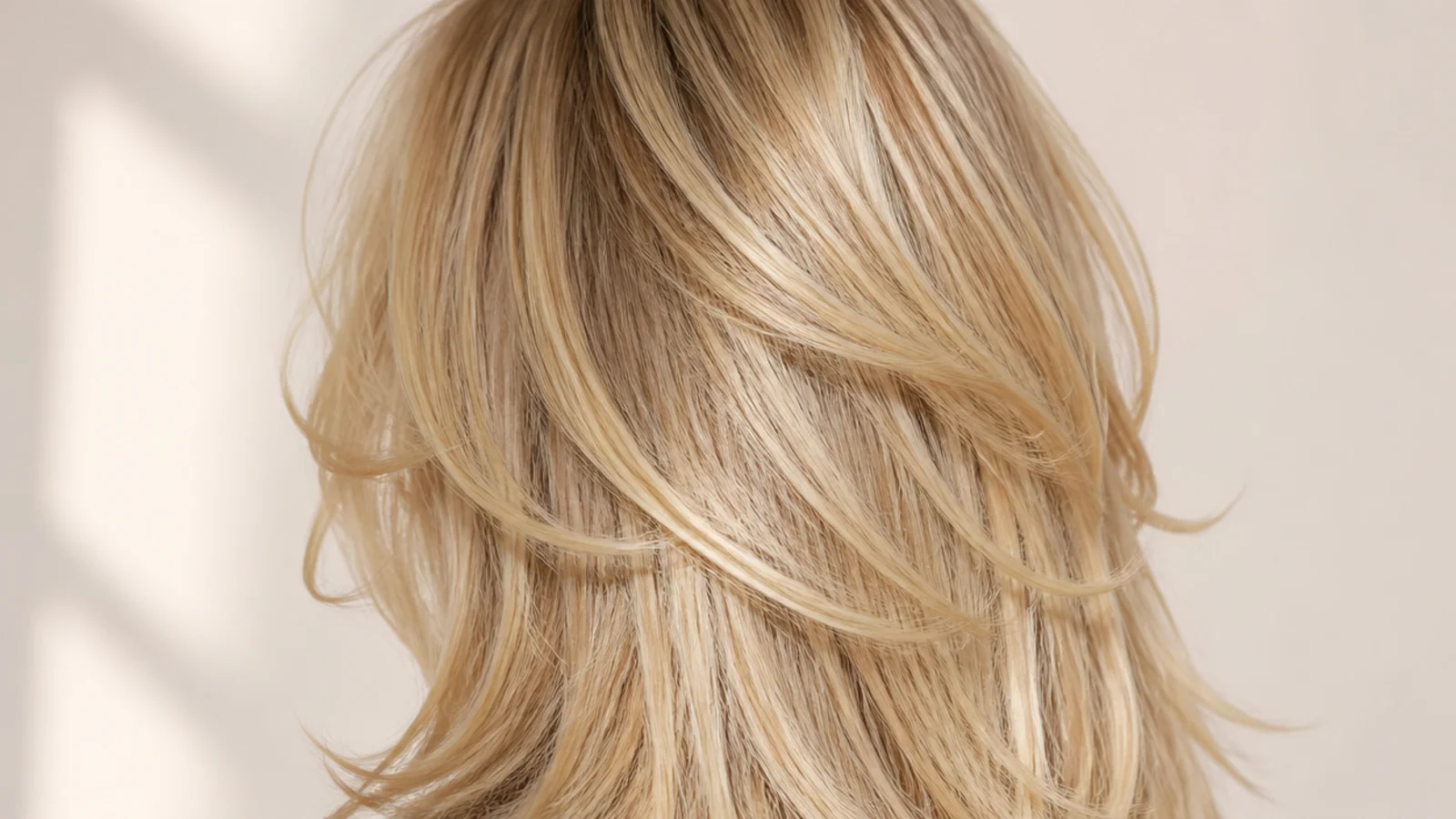 Thick blonde hair with slightly choppy layers and visible separation, seen from behind