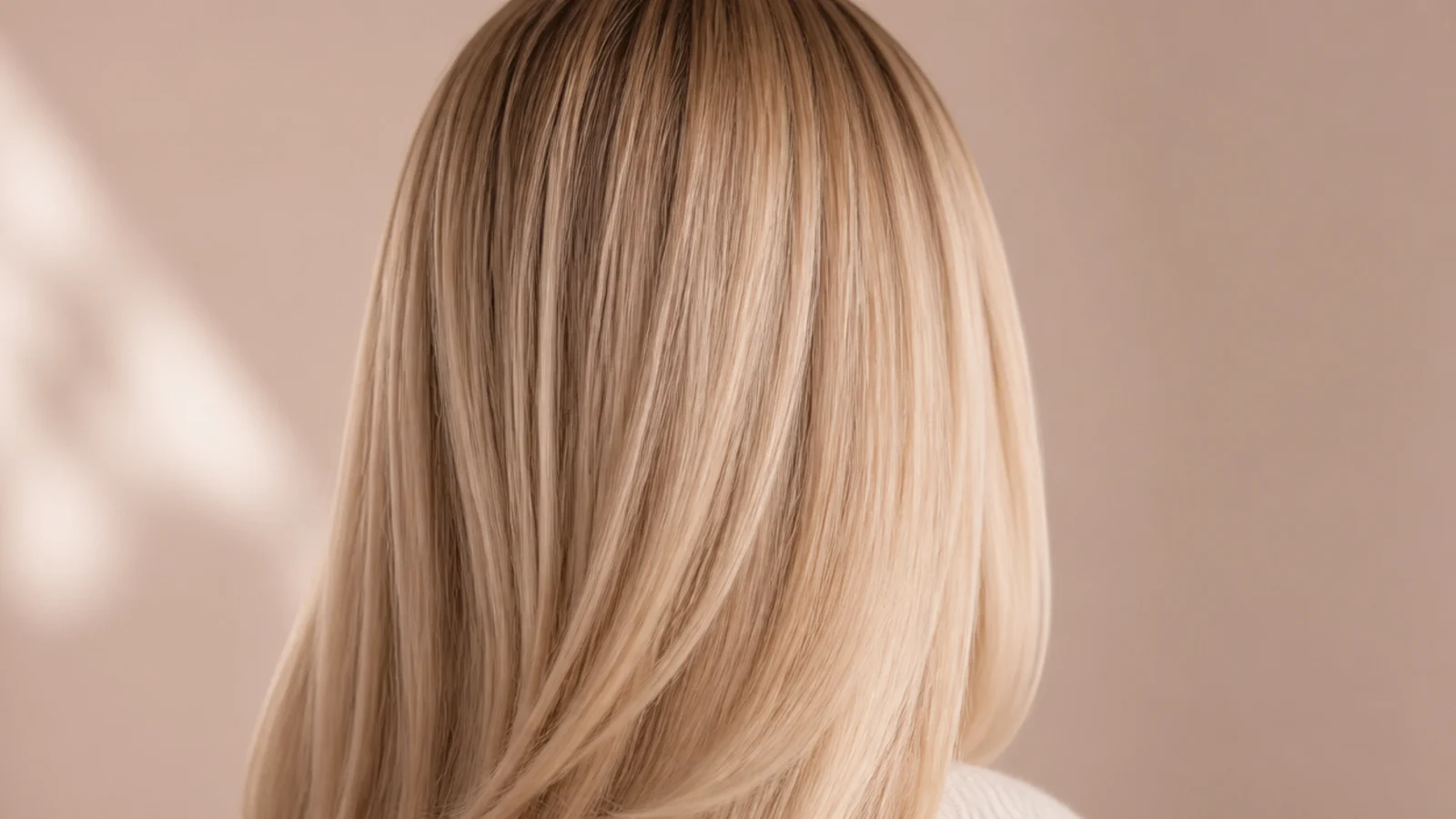 Sleek straight blonde layers with a center part falling flat down the back, glossy finish