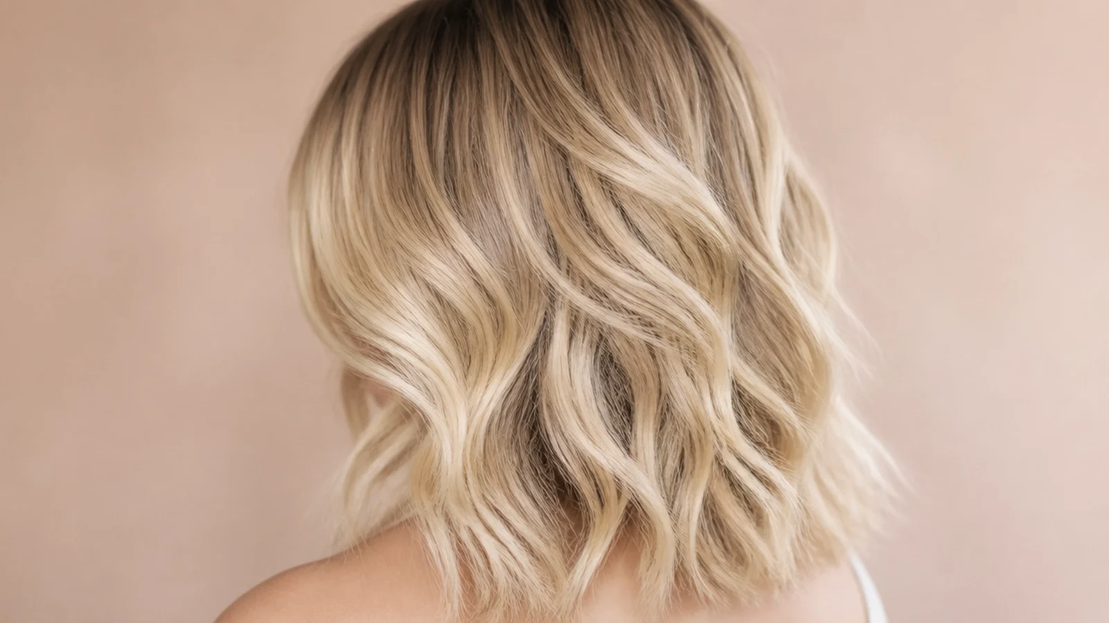 Natural blonde waves with textured layers air-dried, viewed from behind at shoulder length