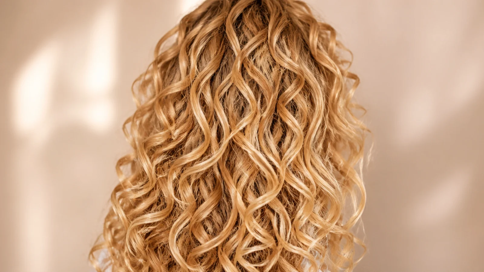 Long blonde curly layers with defined 3a curls and face-framing pieces, back view