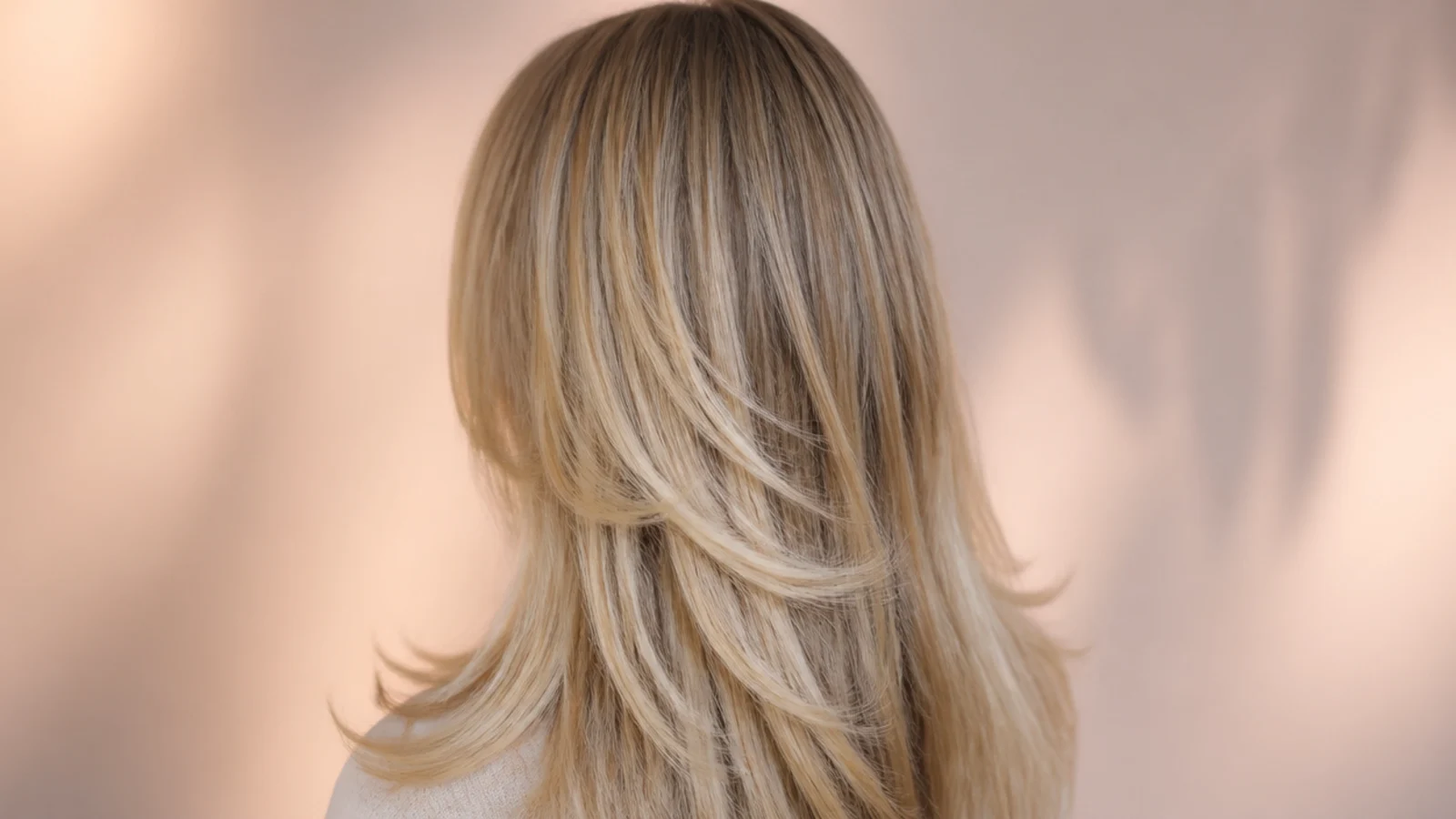 Softly grown-out blonde layers blending into long length, shot from behind in natural light