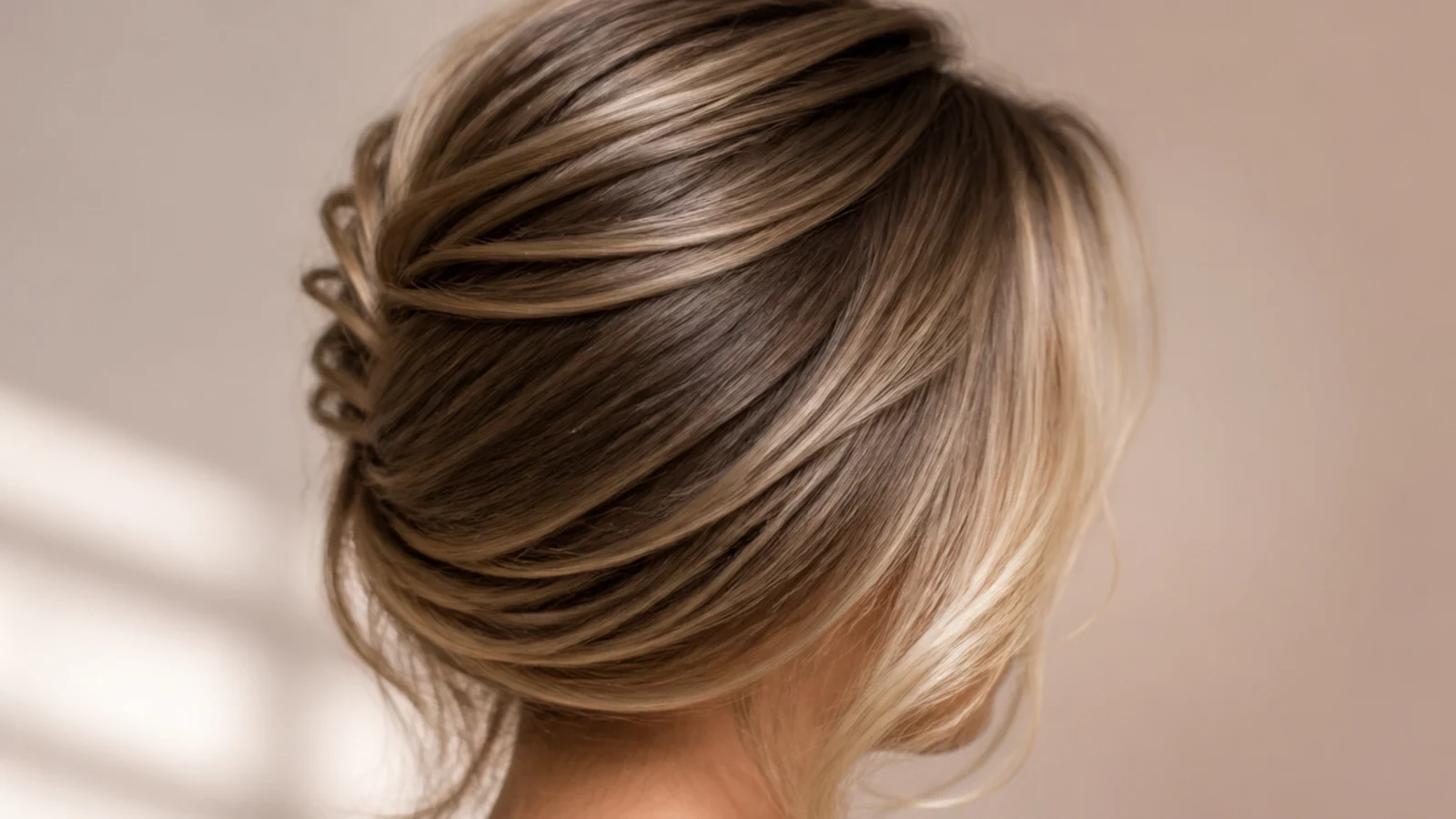 Brighter blonde money piece highlights on jaw-length face-framing layers, hair swept back