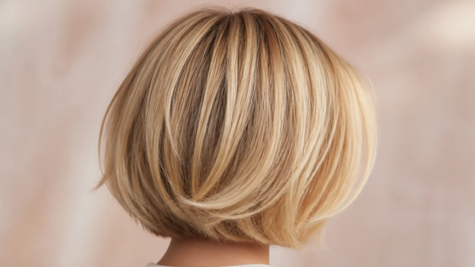Chin length blonde layered bob with a shorter curtain fringe, back view showing soft internal layers