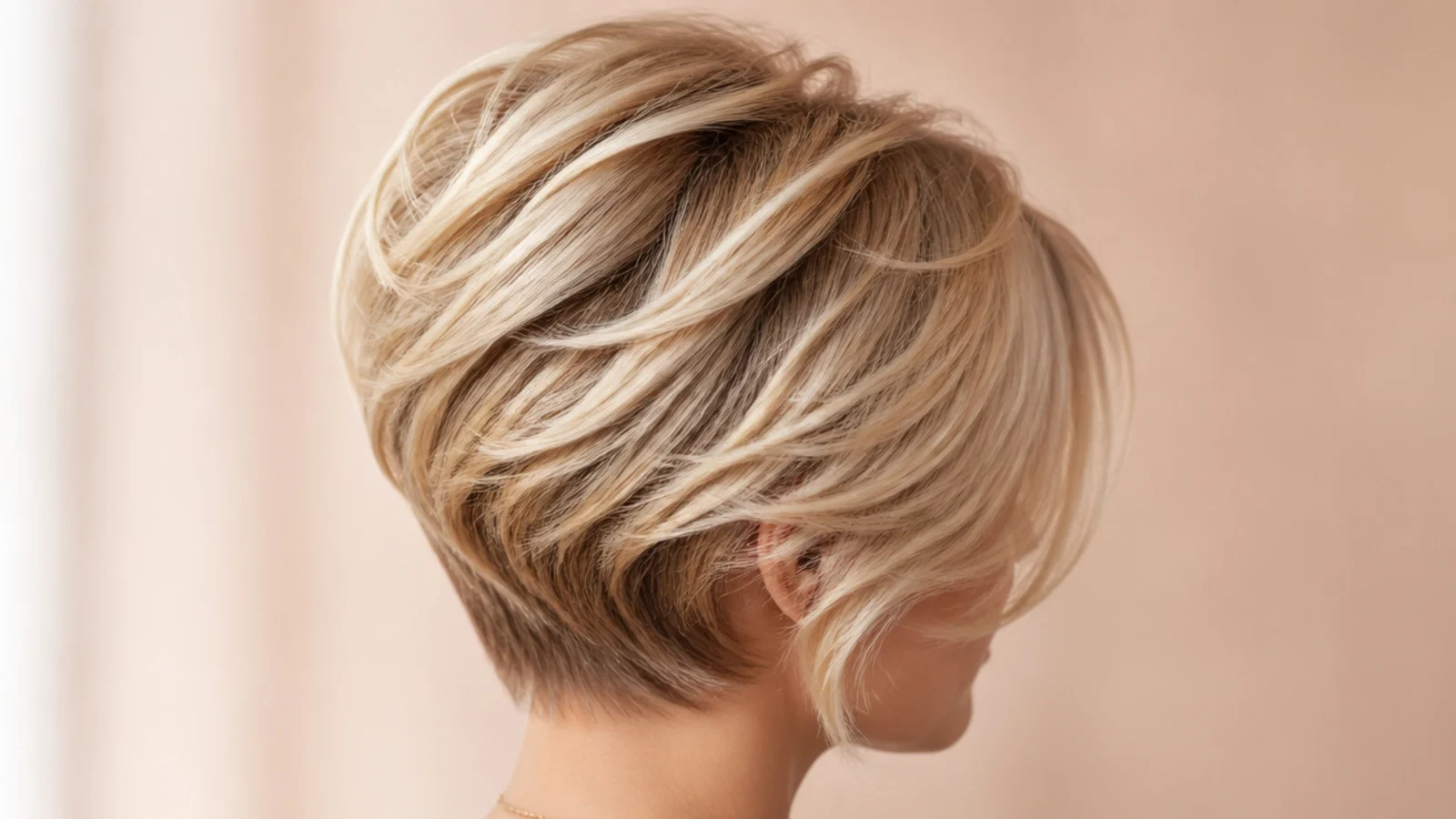 Short blonde layered pixie with feathered crown pieces and long side-swept fringe, three-quarter back view