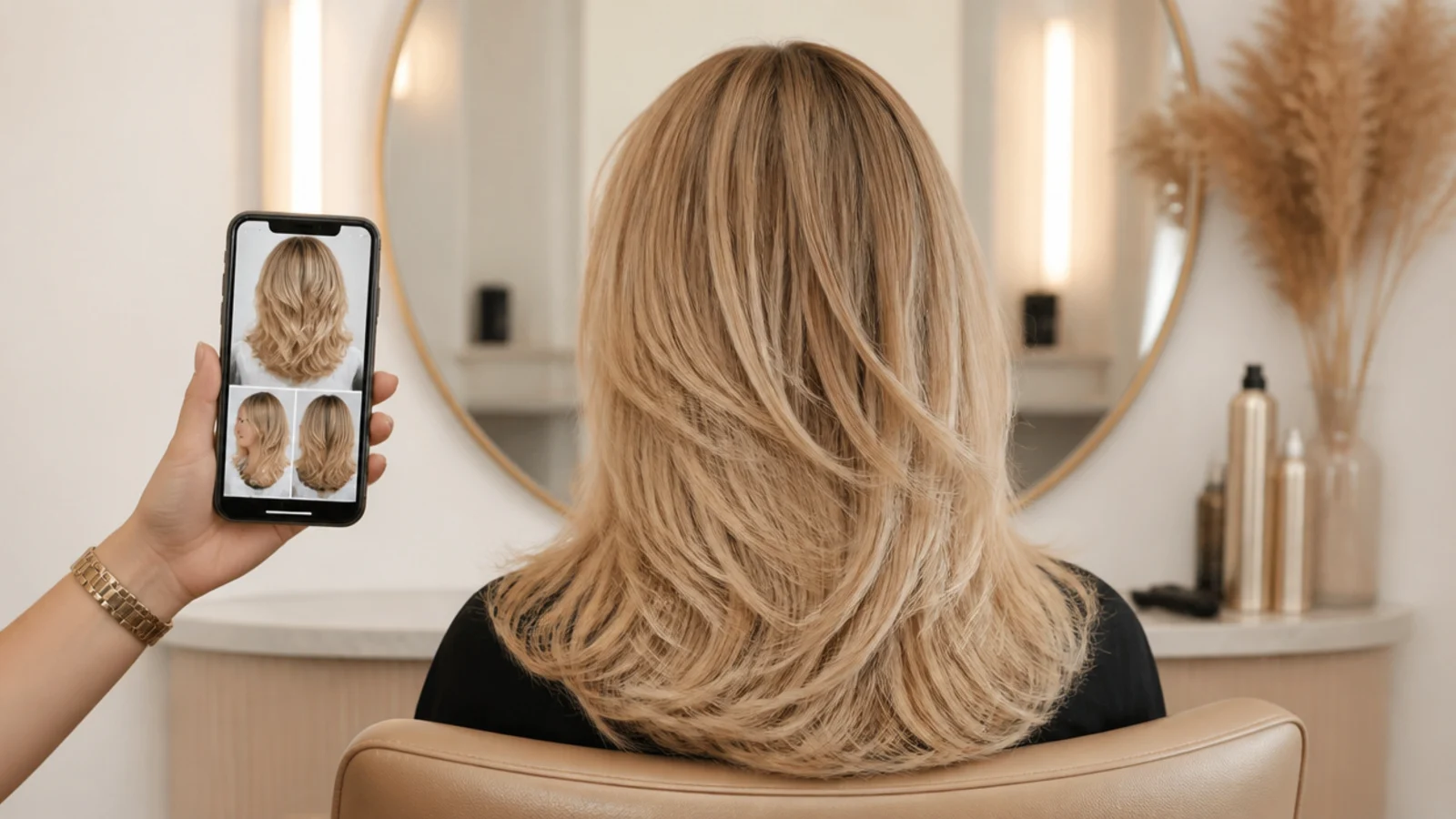 Phone showing layered blonde hair reference photos held up beside a salon chair and mirror
